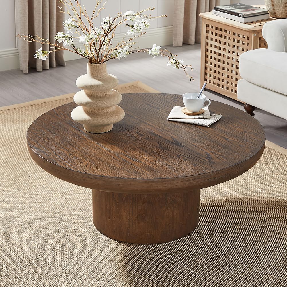Round Wood Coffee Table for Living Room Modern Circle Coffee Table Pedestal Center Table for Apartment, Easy Assembly Brown 35.98inch Brown