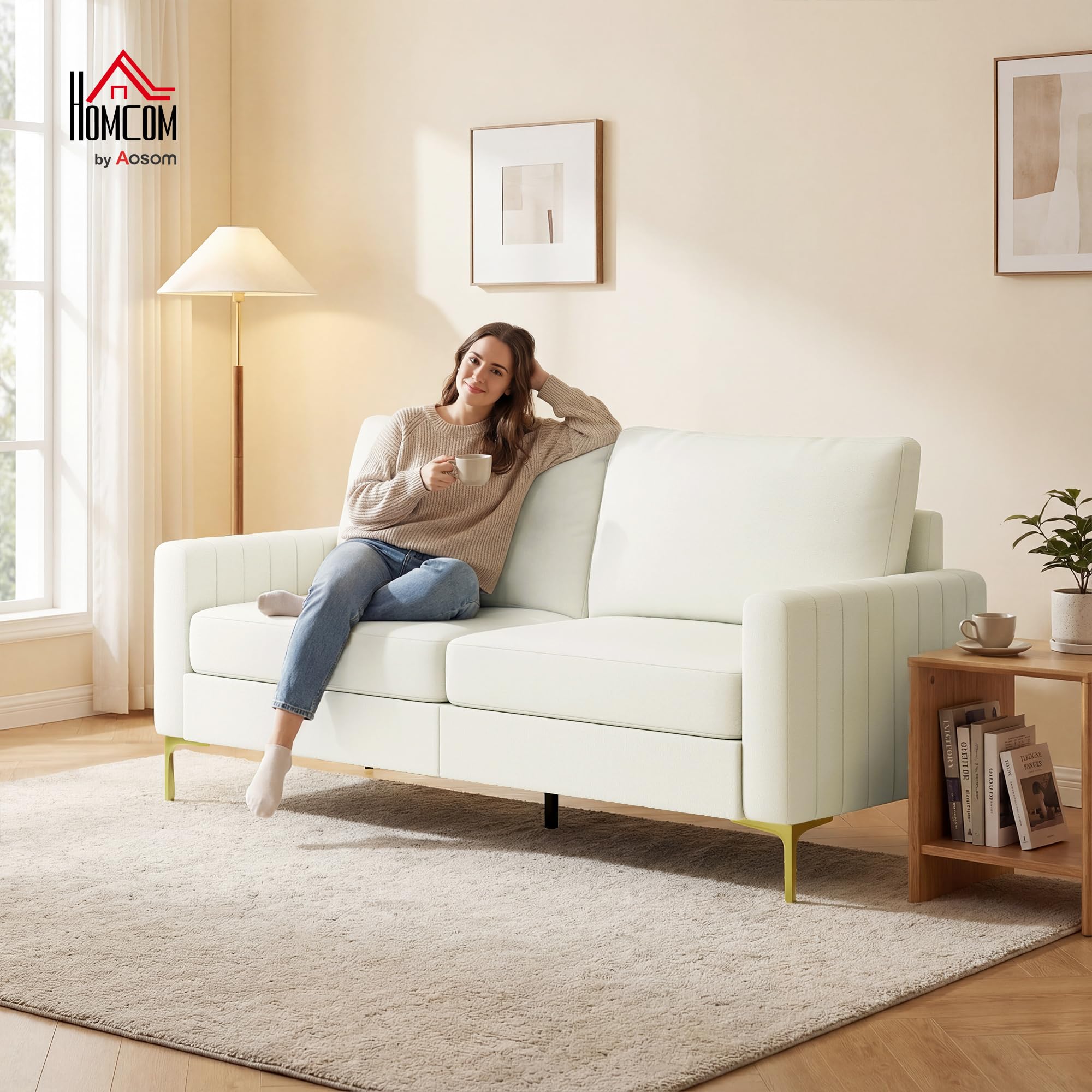 HOMCOM Sofá de 3 Plazas Tapizado en Terciopelo Sofá de Salón 181 cm Crema | Cojines Gruesos, Patas de Metal, Estructura de Madera, para Sala de Estar, Dormitorio, Oficina
