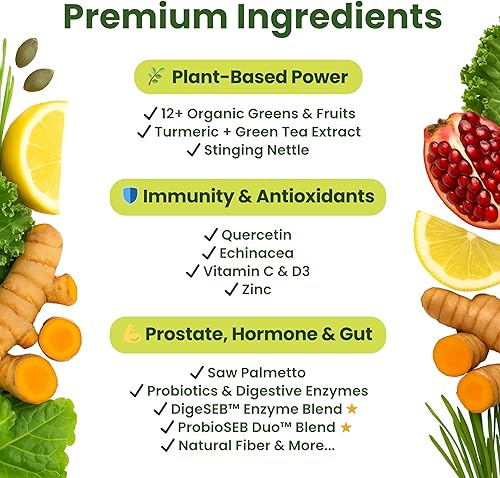 Miniatura 7 de Veridi Greens for Men 40+  Polvo diario de superalimentos verdes para la salud de la próstata, hormonas y apoyo energético  Mezcla premium de