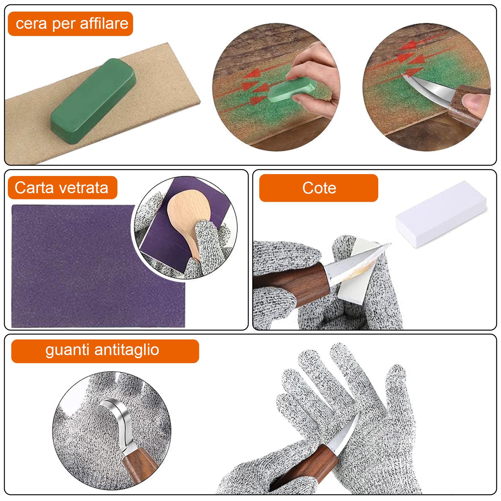 Strumenti Per Intaglio Del Legno - 21PCS Kit Intaglio Legno Professionale, Portare pietra pomice, cera, carta vetrata e guanti, Adatto a principianti e professionisti