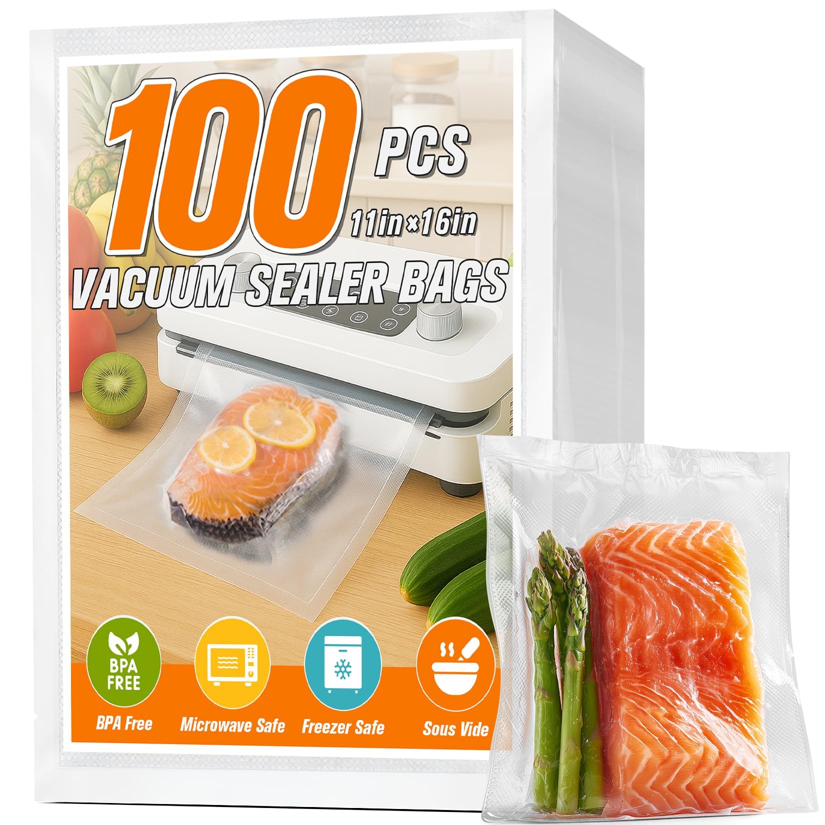 FUNFERY 100 Pcs 28x40cm Precut Vacuum Sealer Bags for Food, Long-Term Storage and Sous Vide Commercial-Grade Bag, BPA Free for Microwave, Boiling,Sous Vide, Refrigerator