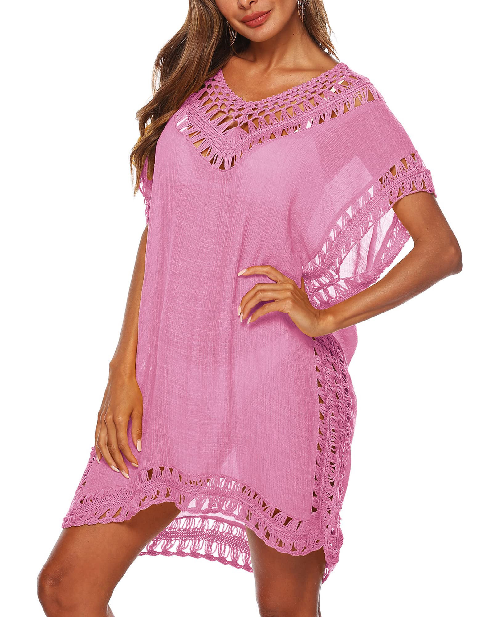 Sponsored Ad – Women Swimsuit Cover Ups Solid Color Cutout Beach Cover Ups V-Neck Short Sleeve Hollow Out Crochet Dress Beachwear