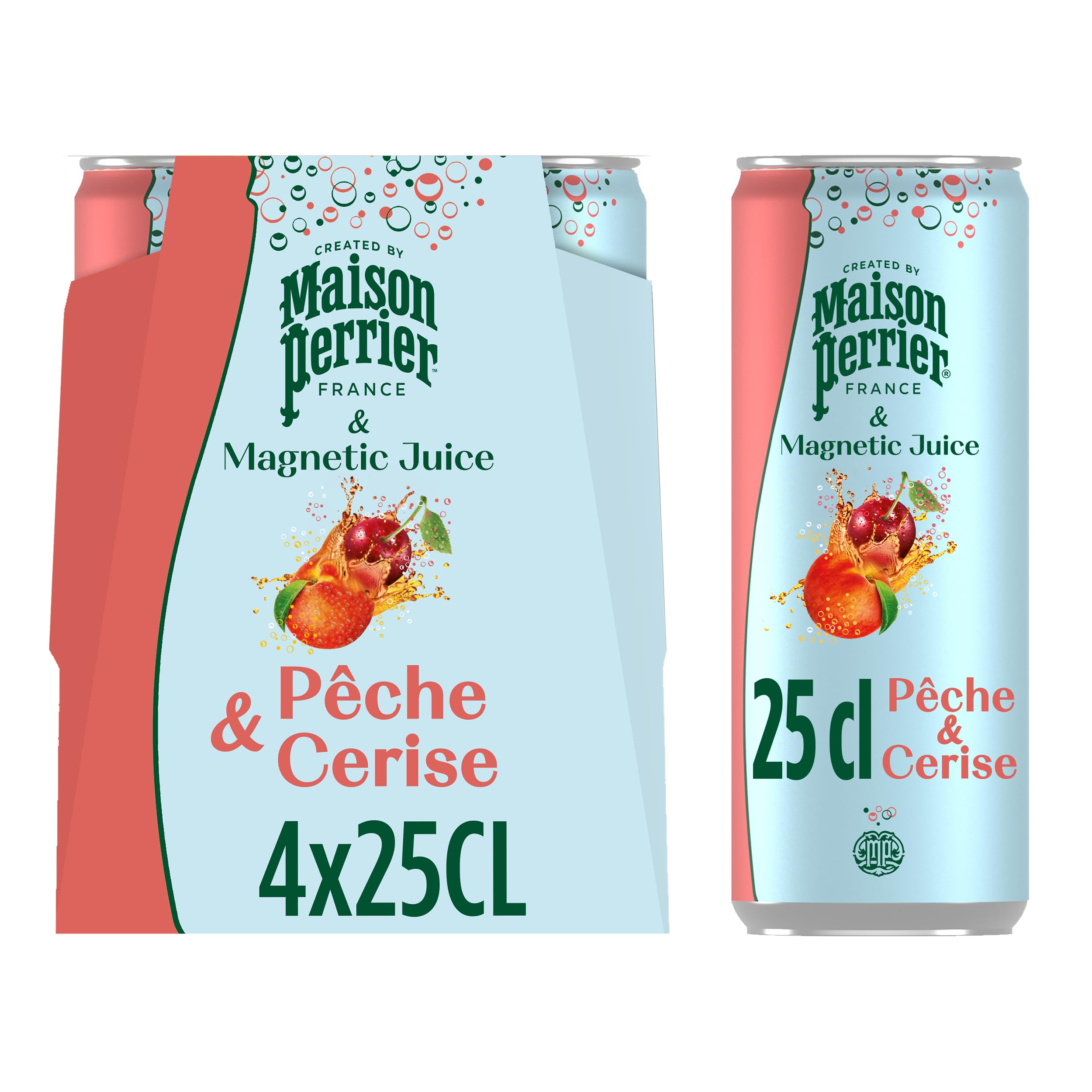 MAISON PERRIER et MAGNETIC JUICE Boisson Gazeuse Pêche Cerise - 6 packs de 4x25cl