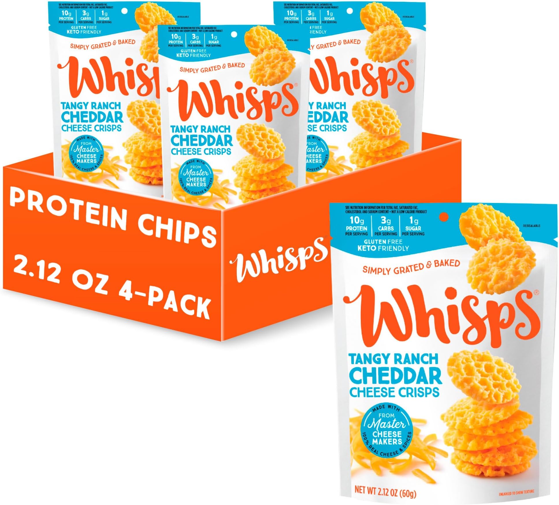 Whisps Cheese Crisps Tangy Ranch | Protein Chips | Healthy Snacks | Protein Snacks, Gluten Free, High Protein, Low Carb Keto Food (2.12Oz, 4 Pack)