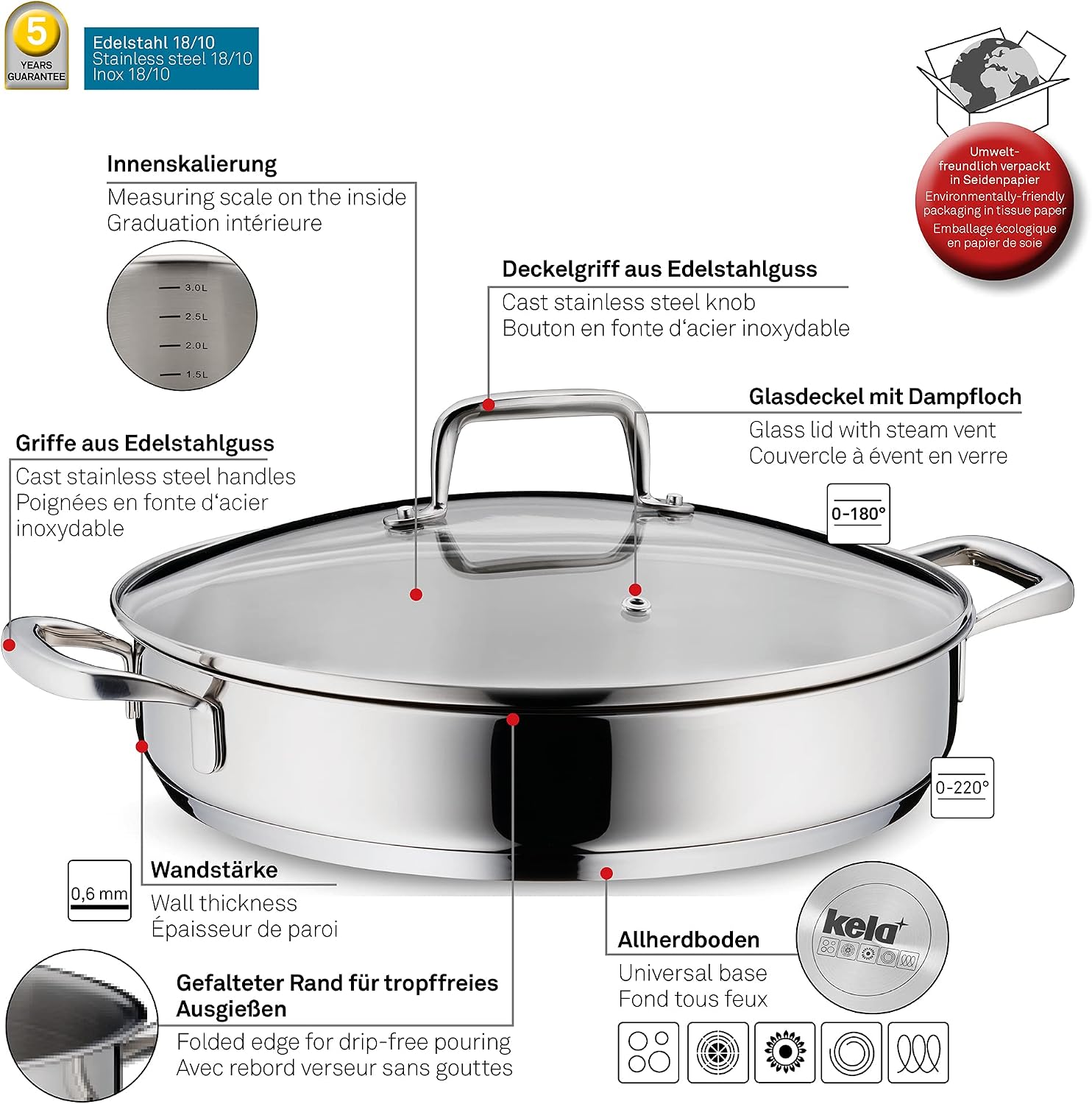 Kela 3.4 Quart Stainless Steel Polished Casserole, 7.05 lbs, No Lid