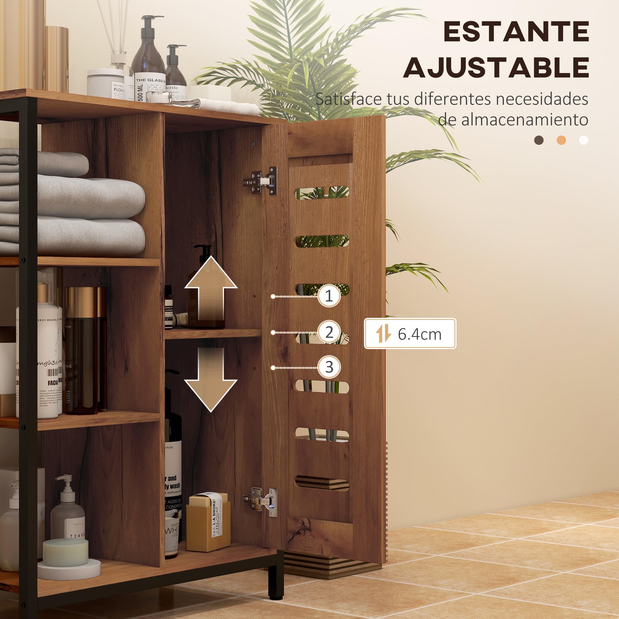 kleankin Armario de Baño Estrecho, Columna de Baño con Puerta de Lamas y 3 Compartimentos Abiertos, Estante Ajustable, para Salón, Dormitorio, Entrada, 60x30x85 cm, Marrón Rústico