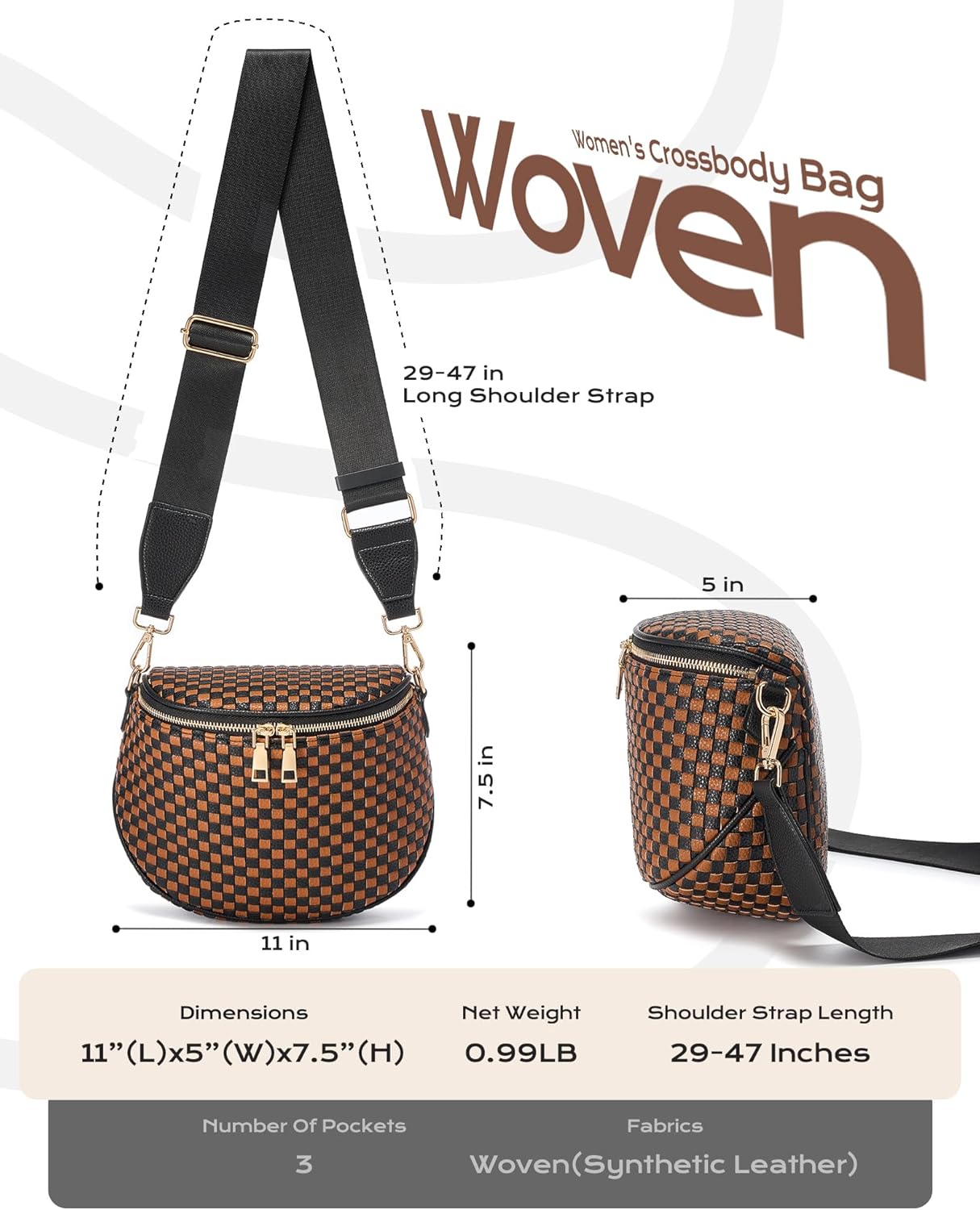 Trendy Woven Checkered Crossbody Bum Bag for Women,PU Leather Checkered Purse Fanny Packs Belt Bag (Woven Bum Bag - Black-Brown) - Image 3