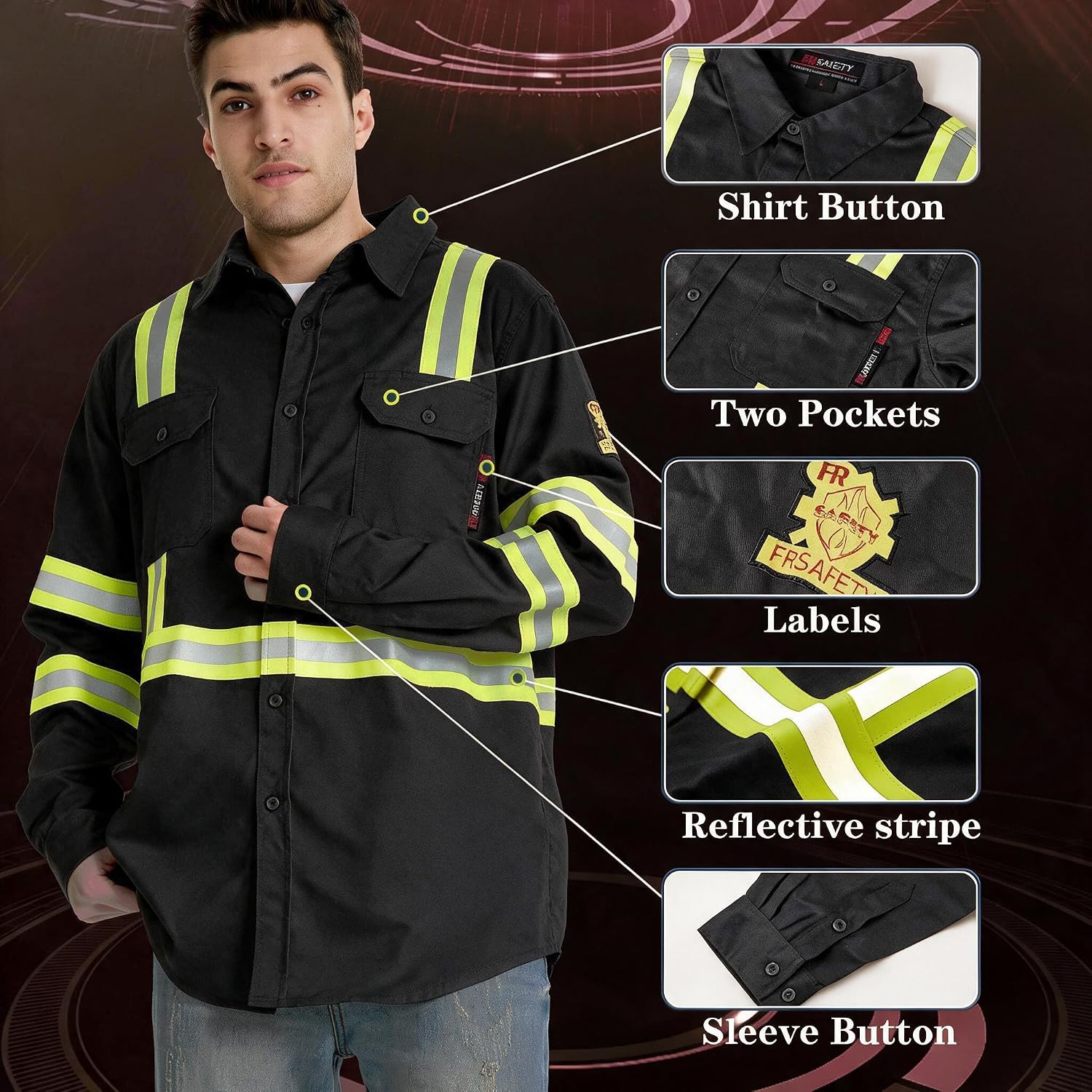 SRsafety Hi Vis FR Shirts for Men,7.0oz Long Sleeve FR Work Shirts,100% Cotton High Visibility Fire Shirt
