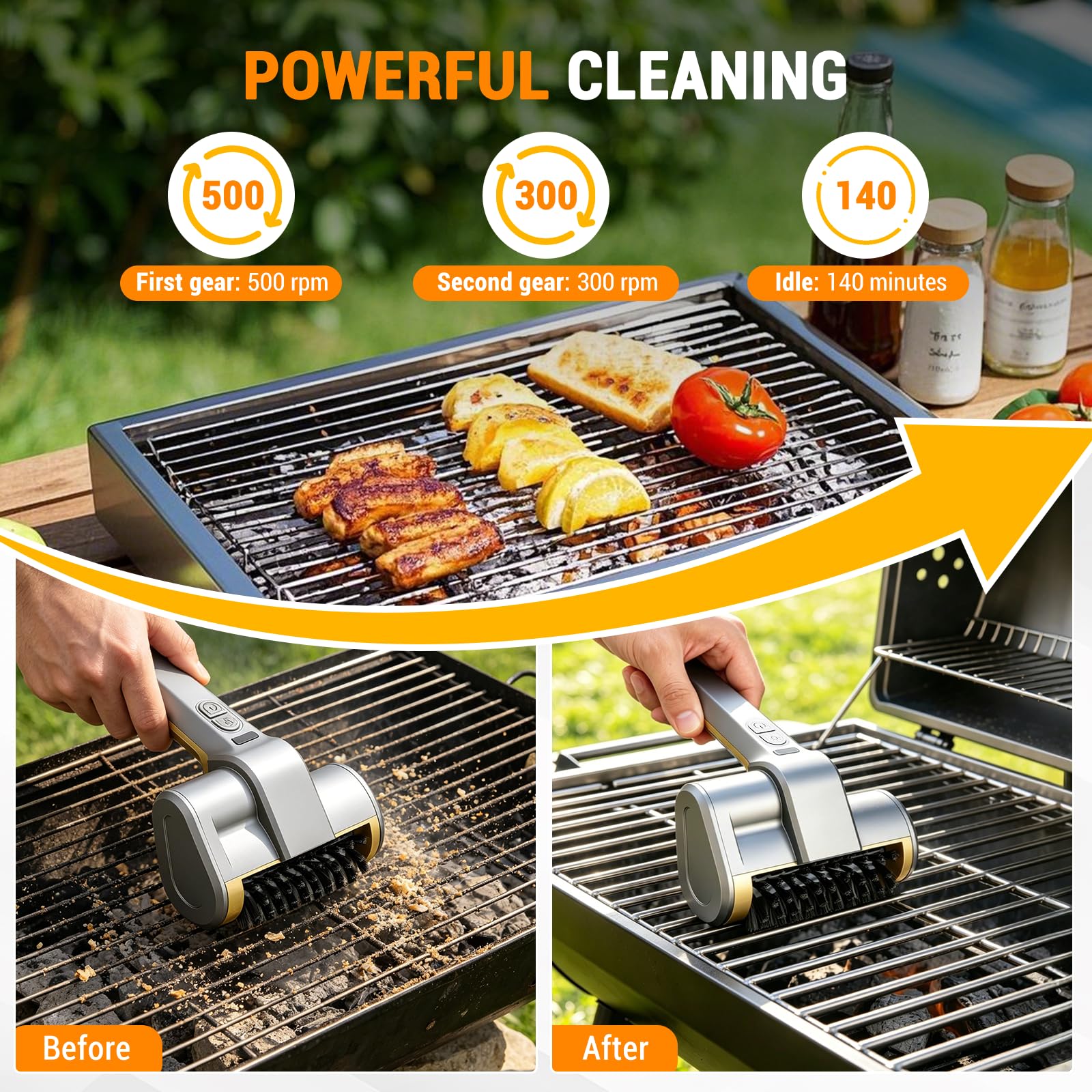 Cepillo eléctrico para barbacoa con función giratoria automática, operación de un botón, cepillo de rodillo de acero inoxidable inalámbrico para uso doméstico, 2 velocidades ajustables, 3 cabezales de