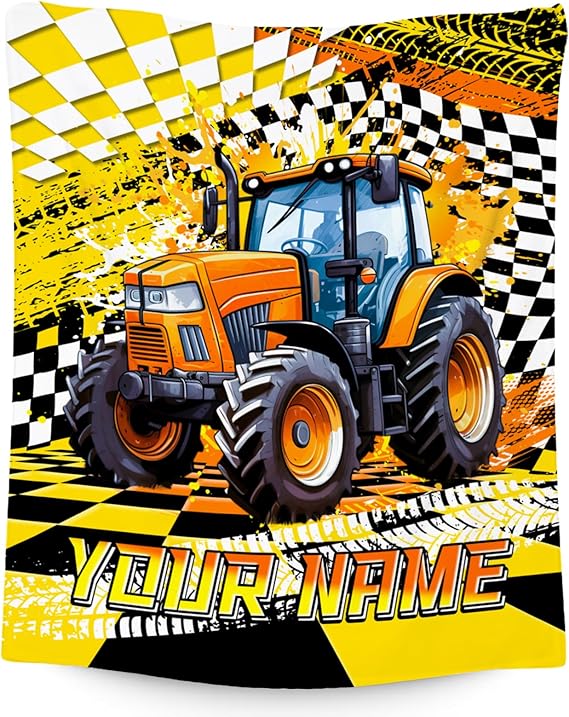 Custom Boys Blanket, Tractor Blankets for Kids Age 6-8, Personalized Car Gifts with Name, Cozy Fleece Throw for Couch & Sofa, 30"x40"
