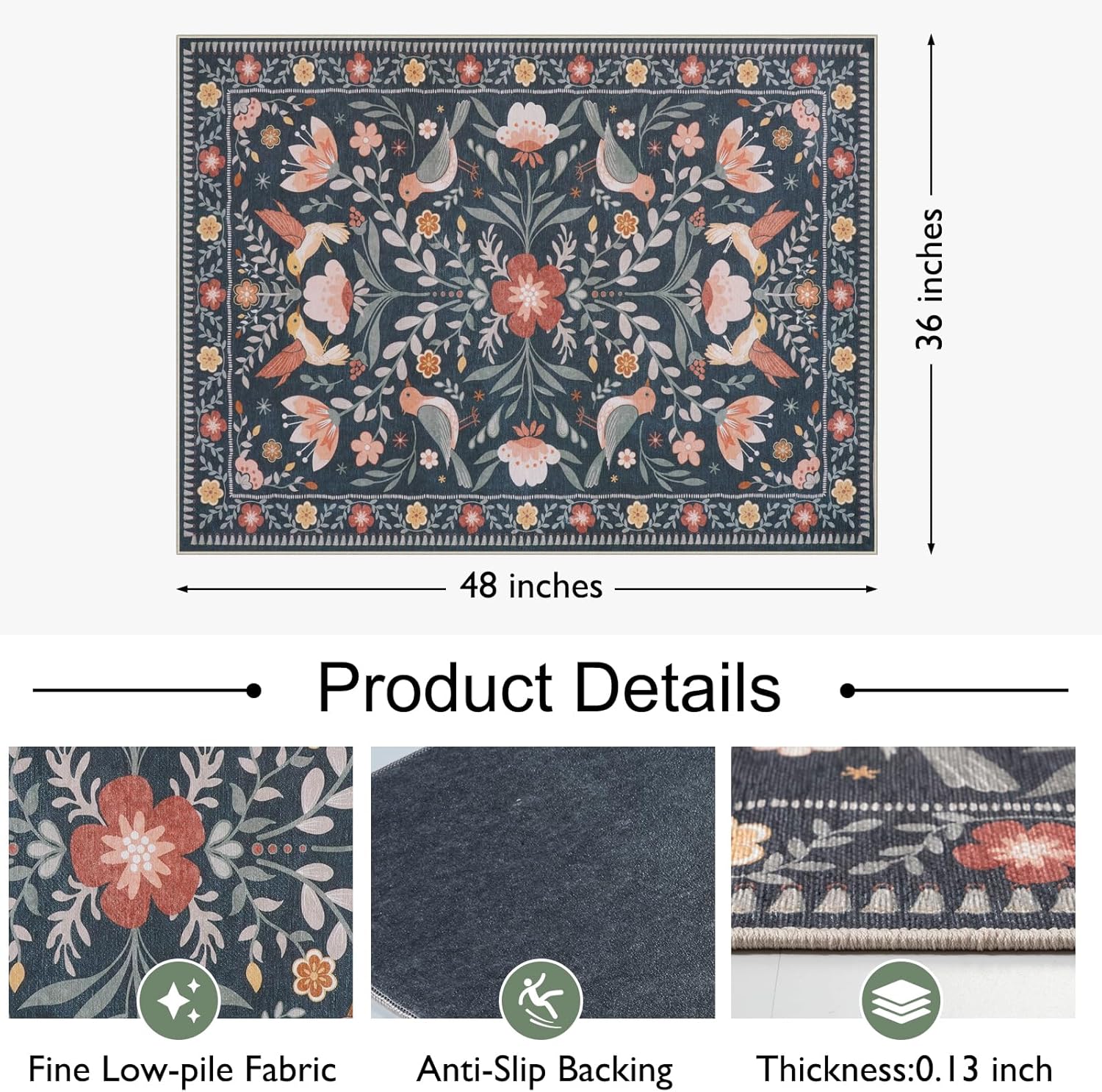Anidaroel 36"x48" Office Chair Mat for Hardwood Floor, Black Floral Computer Chair Mat, Anti-Slip Vintage Under Desk Rug for Office, Low Pile Bird Bug Office Rugs for Rolling Chairs