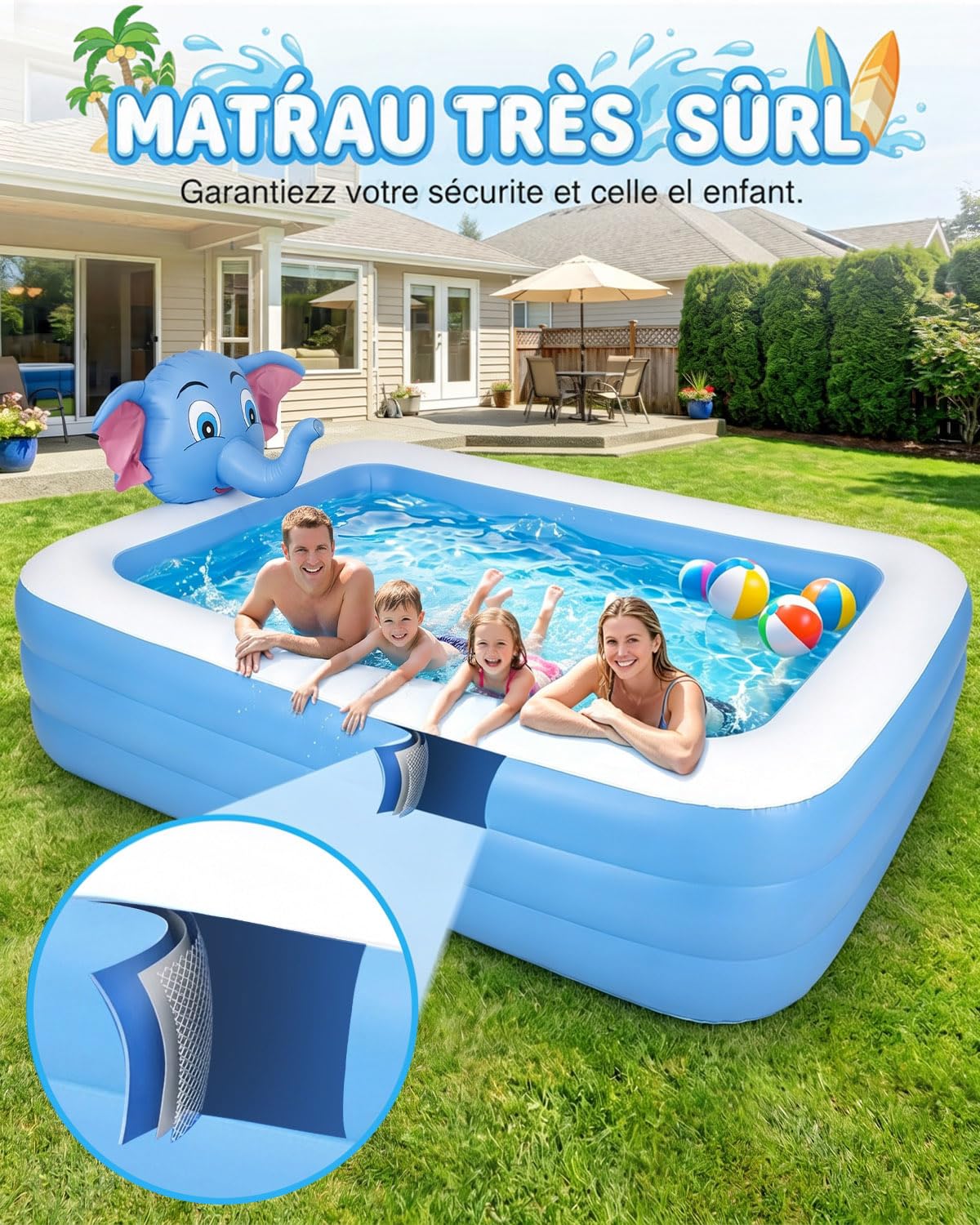 Piscine Gonflable Rectangulaire Pour Enfants Et Famille,Grande Pataugeoire De Jardin,2 Chambres À Air Indépendantes,Matériau Pvc - Jeux - Jouets