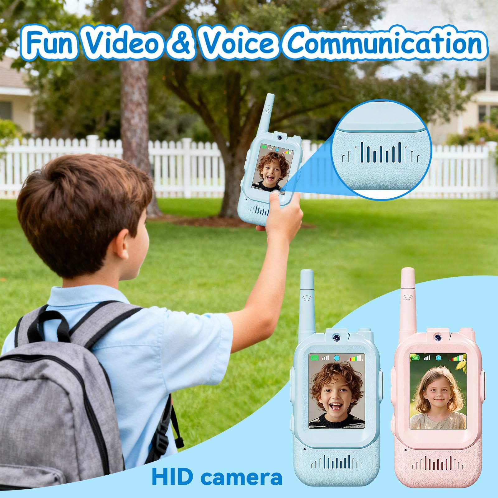 Talkie Walkie Enfants avec Vidéo & Caméra HD, Talkie-Walkie Rechargeable USB (650mAh), 4 Modes de Voix Changée, Portée 100-400m, Cadeau pour Garçons/Filles (Bleu + Rose)