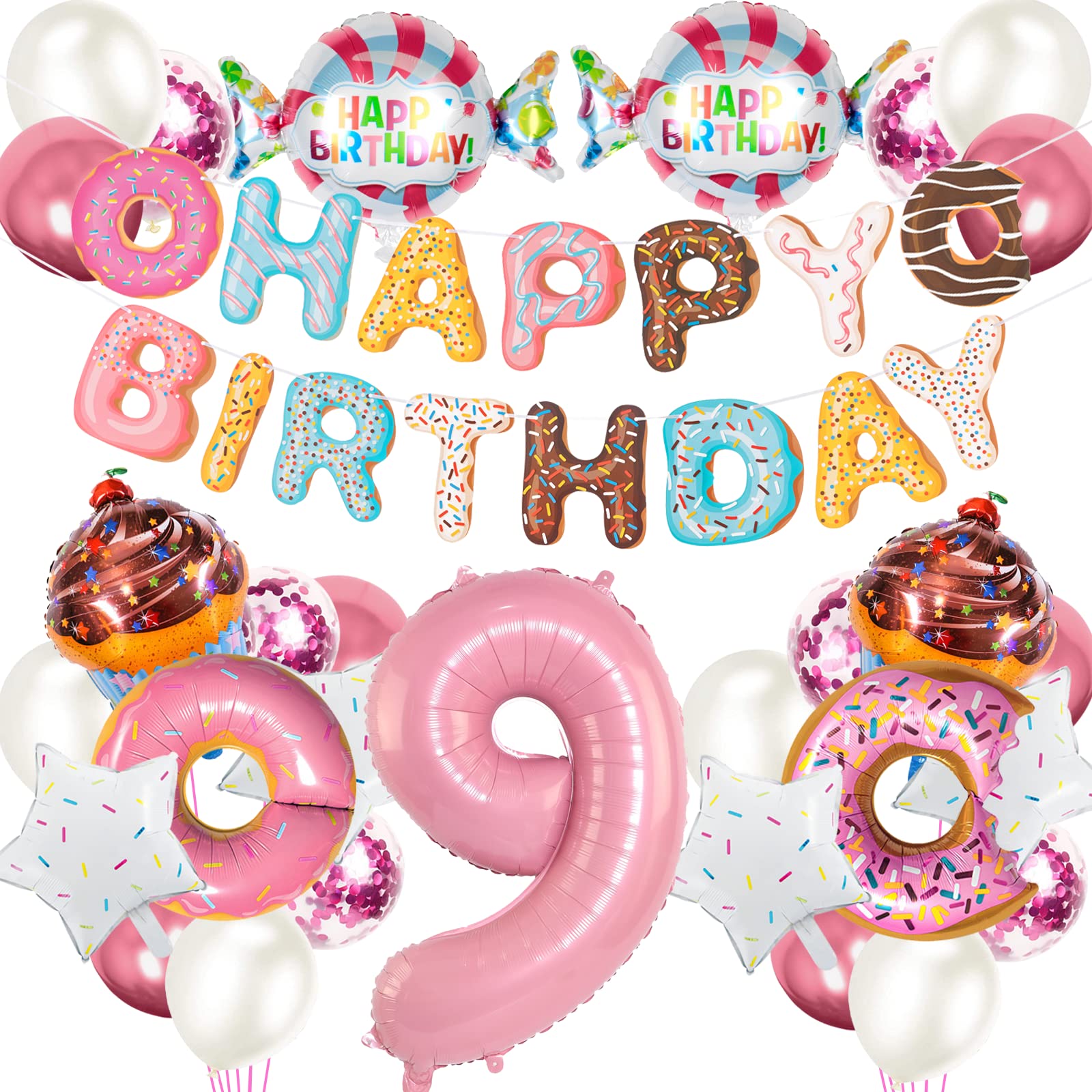 Senteria 誕生日 バルーン 数字 風船 ピンク ドーナツ 飾り付け セット ハッピーバースデー 風船 happy birthday バルーン パーティー 飾り かわいい 豪華で大容量 子供 少女 お祝い (9歳)