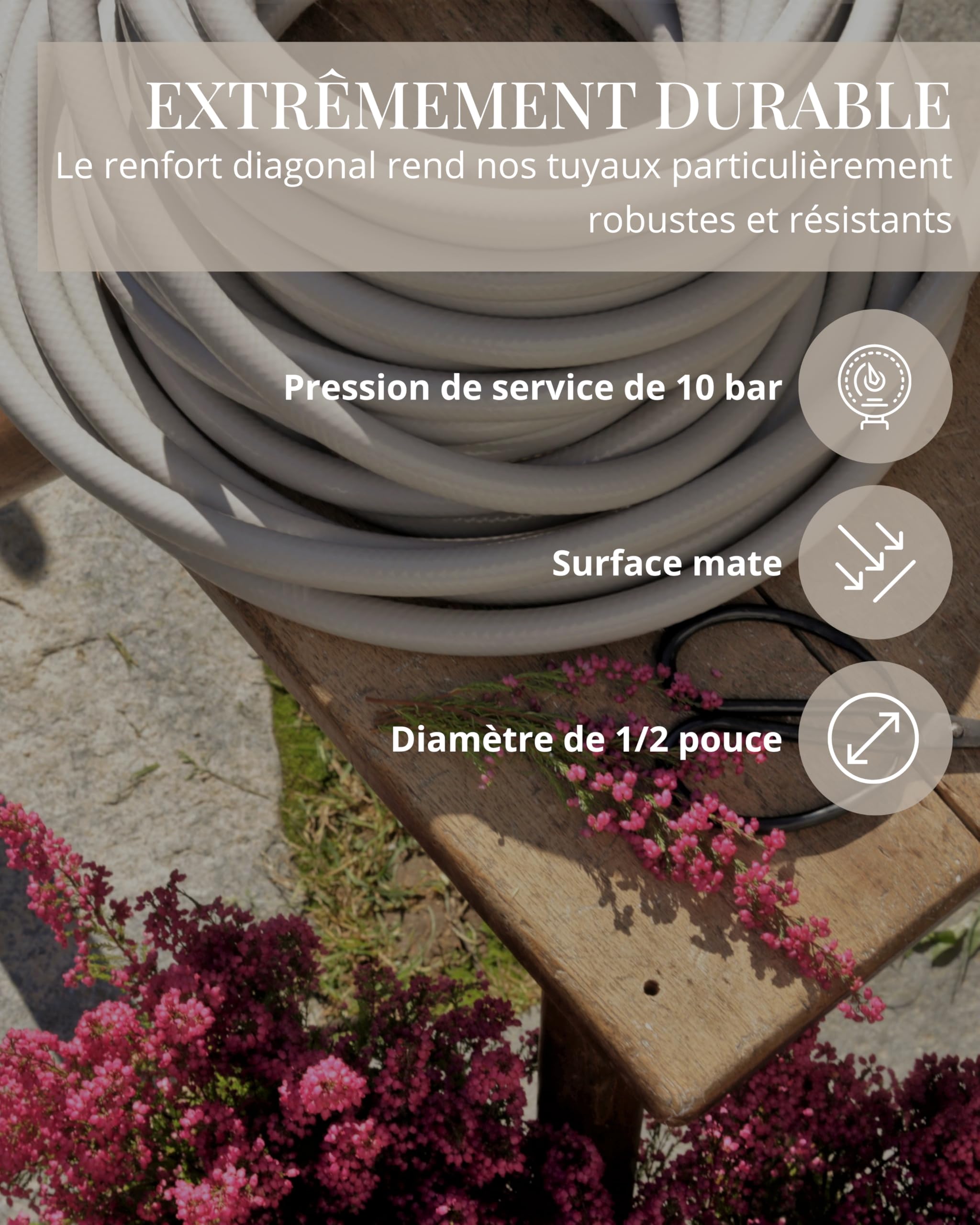 LIVLIG Tuyau d'arrosage de 10 m en set, tuyau d'arrosage flexible premium avec porte-tuyau et arrosoir en laiton, tuyau d'arrosage incluant raccord de tuyau 1/2 pouce, set d'arrosage en gris