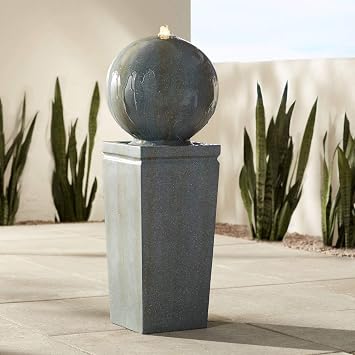 Sphere and Pillar 34 1/4" High LED Outdoor Indoor Large Bubbler Fountain | Ball Modern Decor Faux Stone Floor with Light Standing Water Feature for Outside Garden Patio Yard Backyard