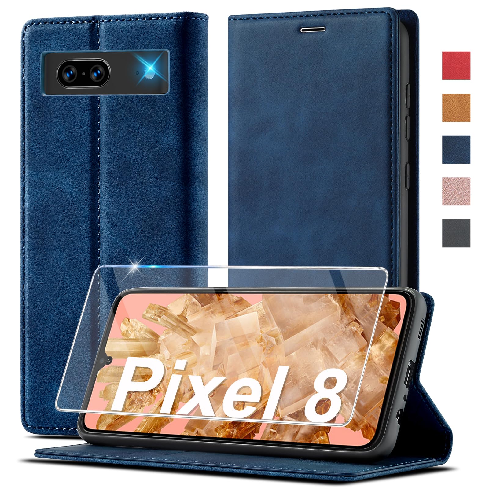 Custodia In Pelle Per Google Pixel 8 5G Con Portafoglio - Copertina Pieghevole Con Slot Carte E Supporto - Include Pellicola Protettiva - 4