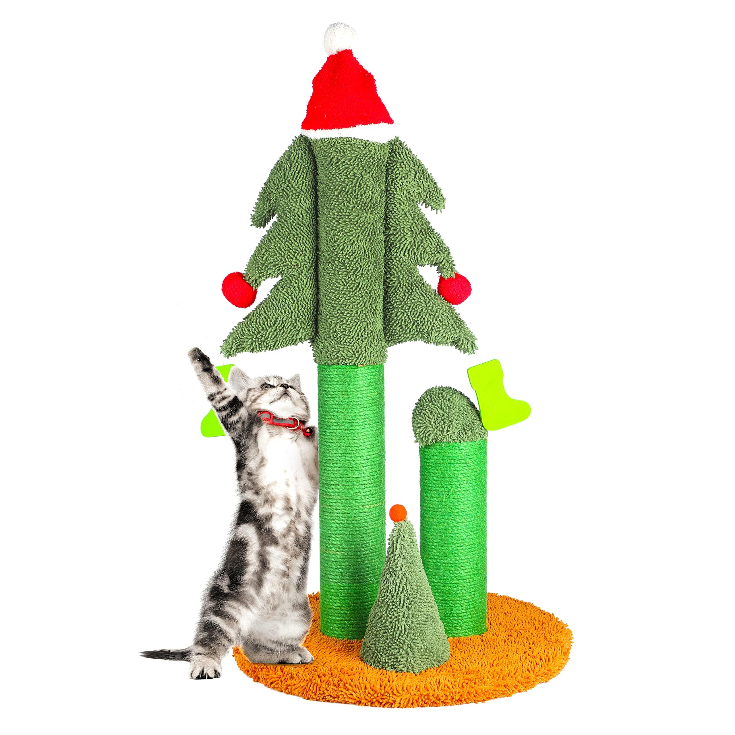 FluffyDream32” Cat Scratching Post, Tall Christmas Tree Cat Scratcher with 3 Posts and Cute Dangling Teaser Balls, Natural Sisal Rope Cat Toys for Kitty and Adult Cats