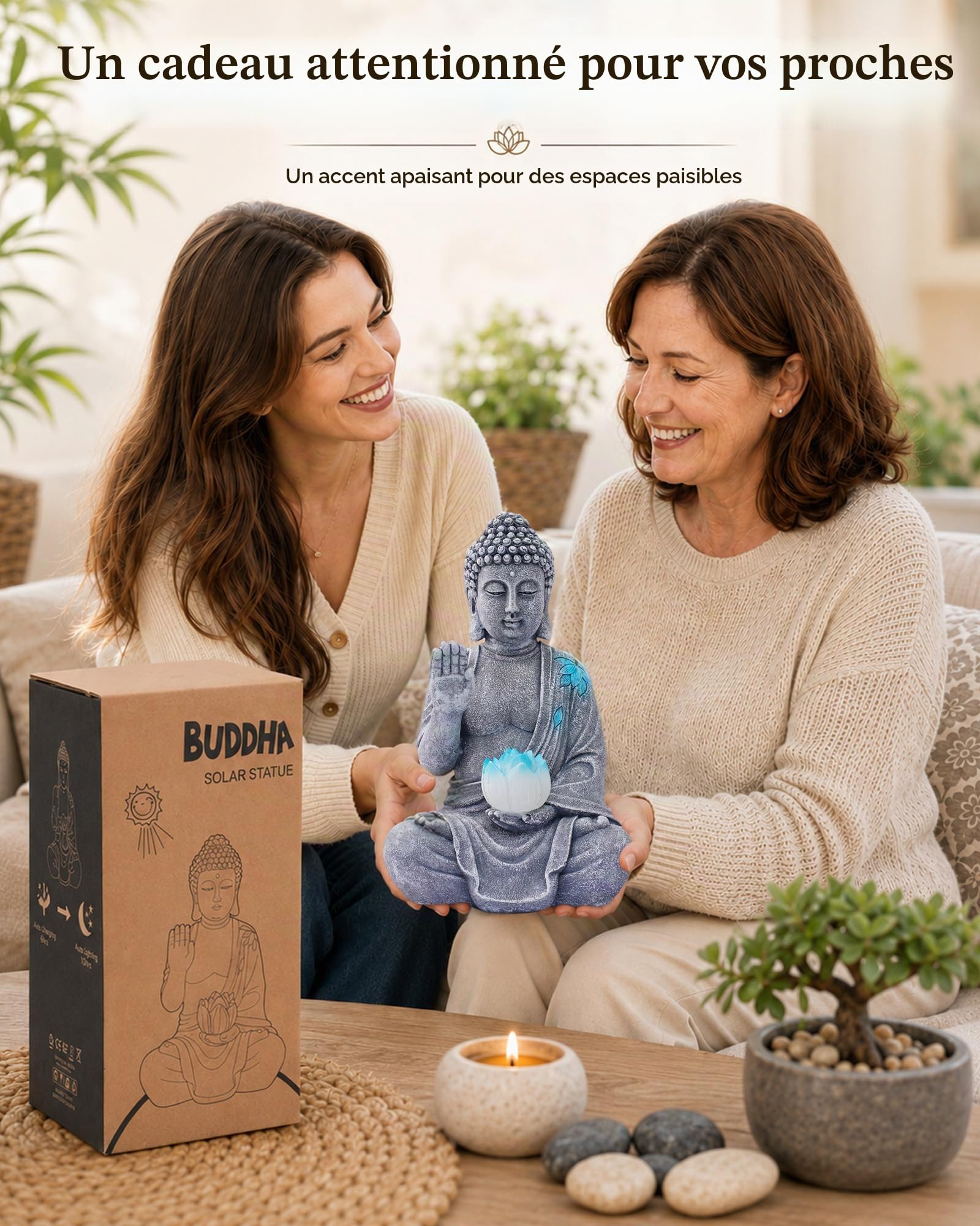 Yeomoo Statue de Bouddha avec LED solaire Lotus Décoration de jardin - Figurine de méditation résistante aux intempéries pour jardin Zen, salon Feng Shui, cadeau spirituel pour femmes, maman, hommes