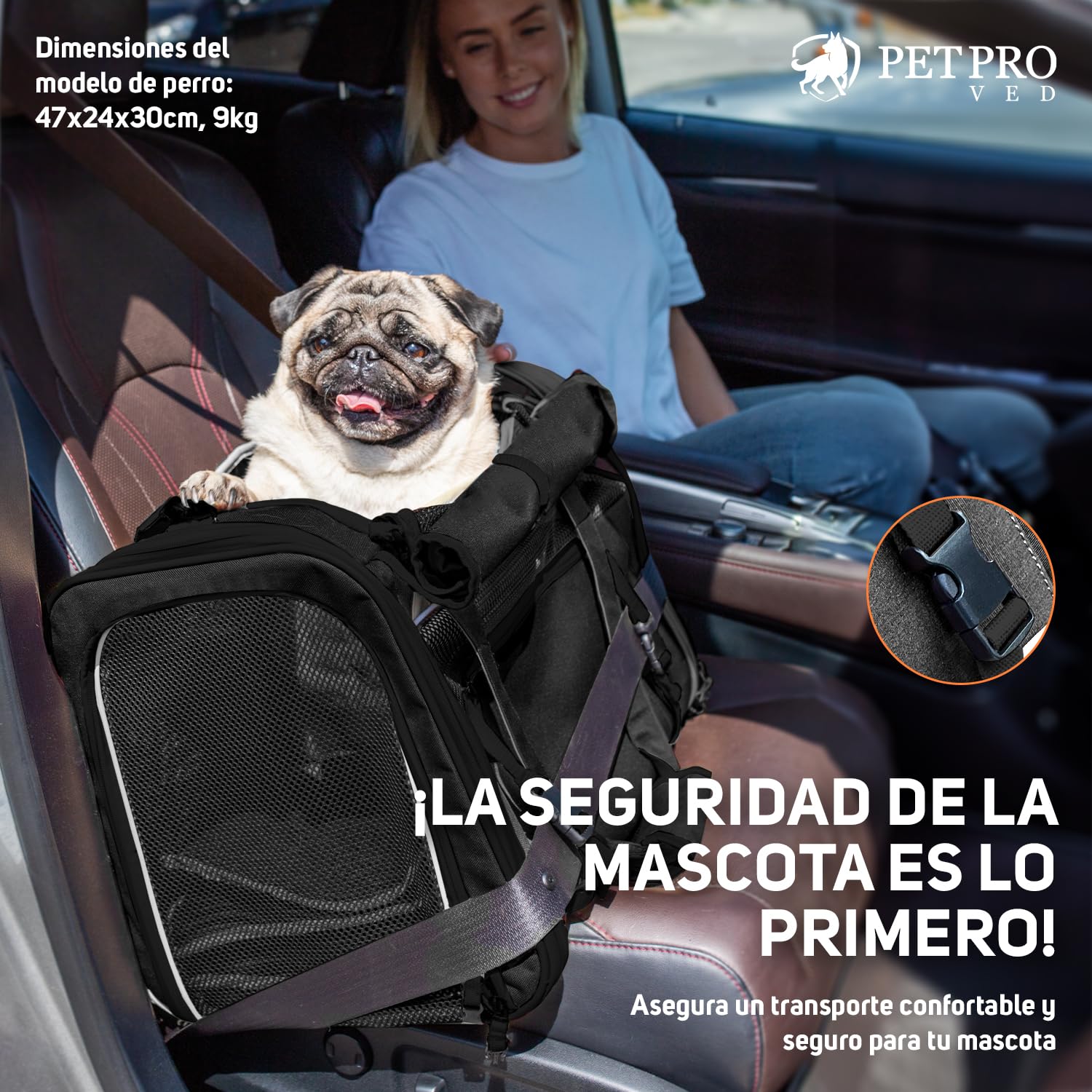 PETPROVED Transportin Perro Gato Grande Transportin Perro Pequeño Coche Mediano Trasportines para Gatos Coche Bolsa Transporte Homologado para Avion Cabina (L Negro)