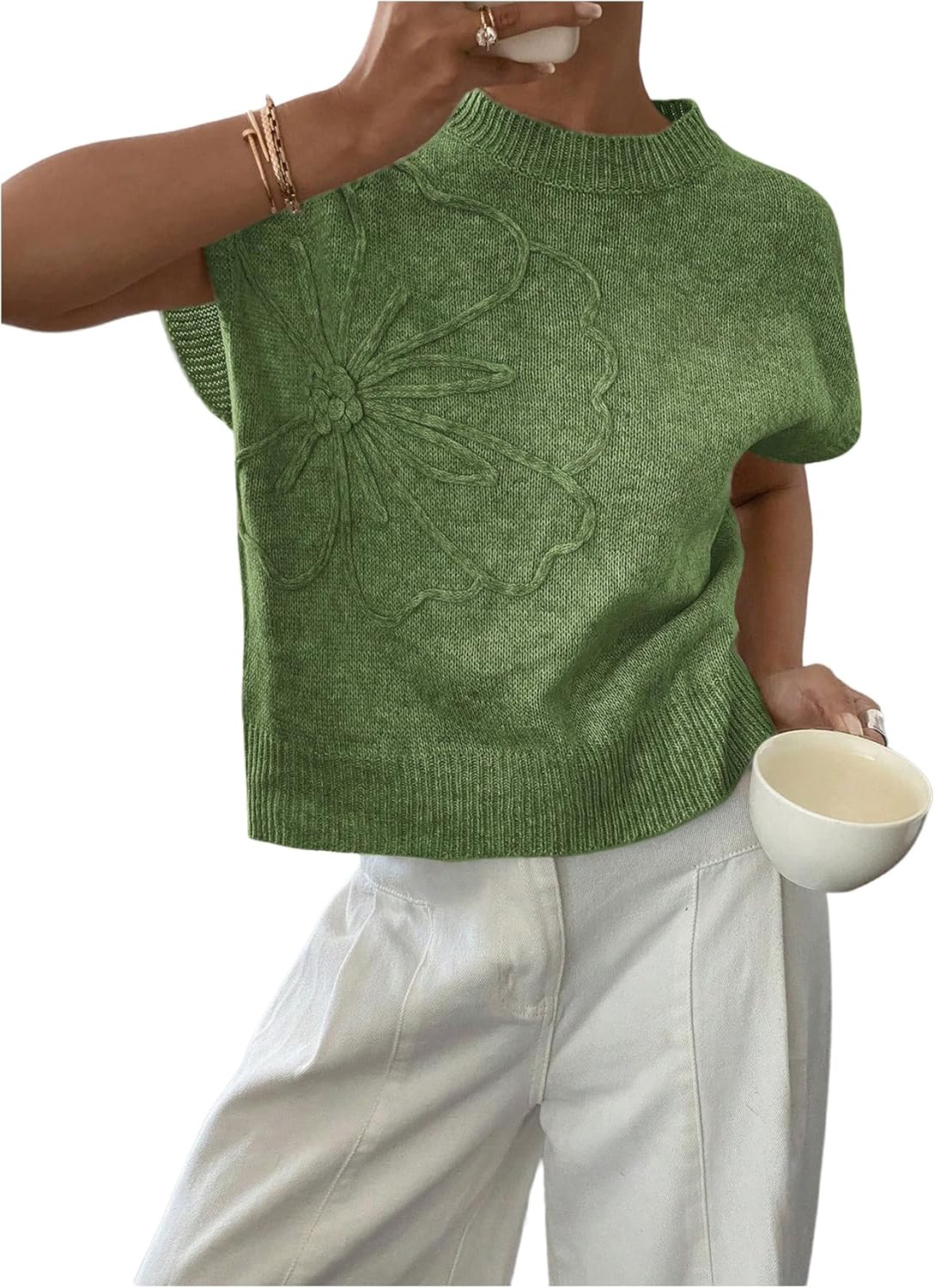 SOLY HUX Women's Ribbed Sweater Crew Neck Short Sleeve Loose Fit Floral Knit Pullover Tops