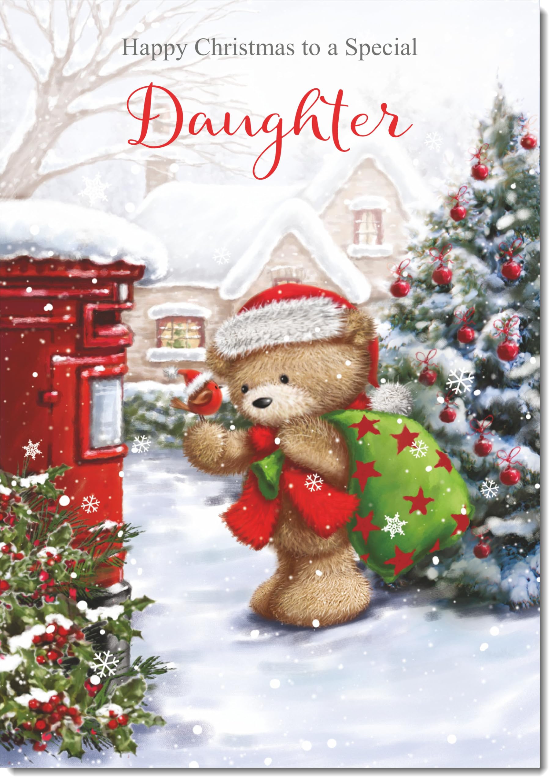 doodlecards Daughter Christmas Card Cute Bear Posting a Letter Large A4 Size Christmas Card for Daughter with Plain Envelope — image 1