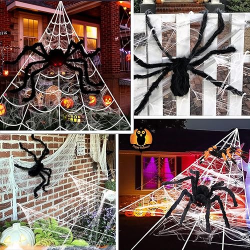 Miniatura 3 de Decoraciones de araña de Halloween, telaraña de 220 pulgadas + araña gigante de 60 pulgadas, telarañas elásticas de 300 pies cuadrados, 25 arañas