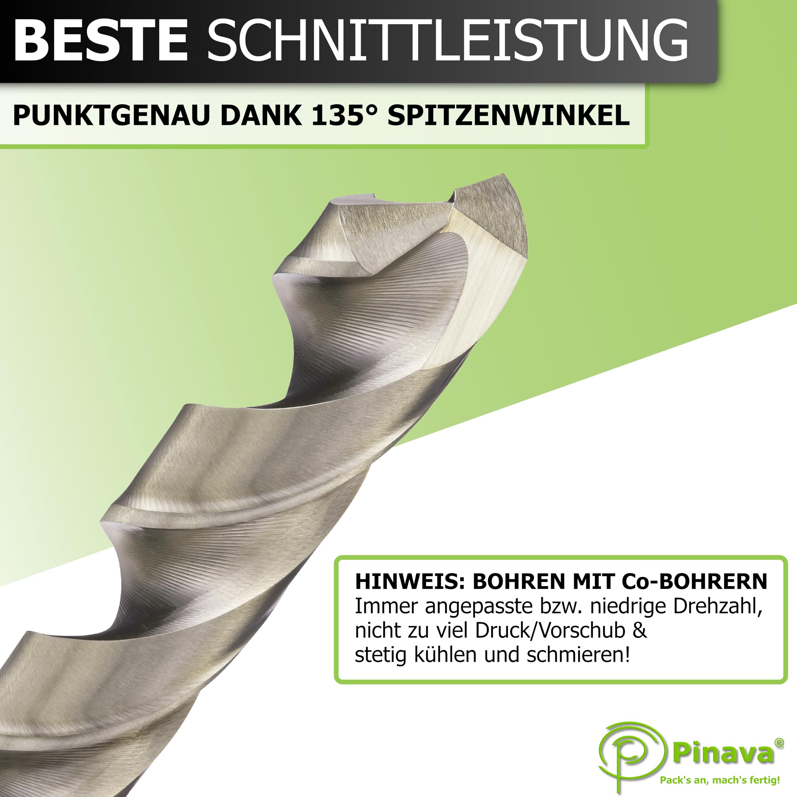 Pinava® Metallbohrer Set HSS Cobalt Pro [Extra Scharf & Robust] 19tlg. Profi Bohrer für Edelstahl, Stahl, Eisen etc. - Präzise Edelstahlbohrer selbstzentrierend, 1-10mm, 0.5mm Schritte