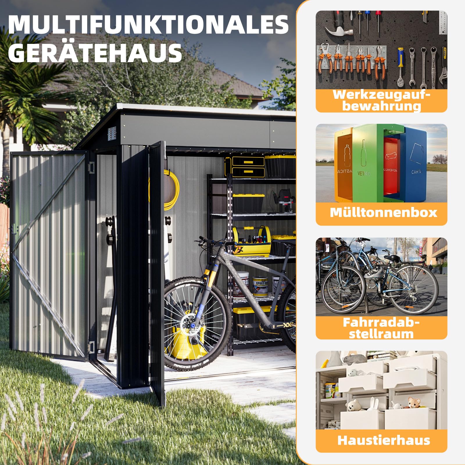 Aoxun Gartenhaus Metall 232x131x183cm mit 3 Türen & Pultdach, wetterfestes Fahrradgarage für bis 4 Fahrräder, Stabiler Geräteschuppen aus verzinktem Stahl für Garten Terrasse Hof
