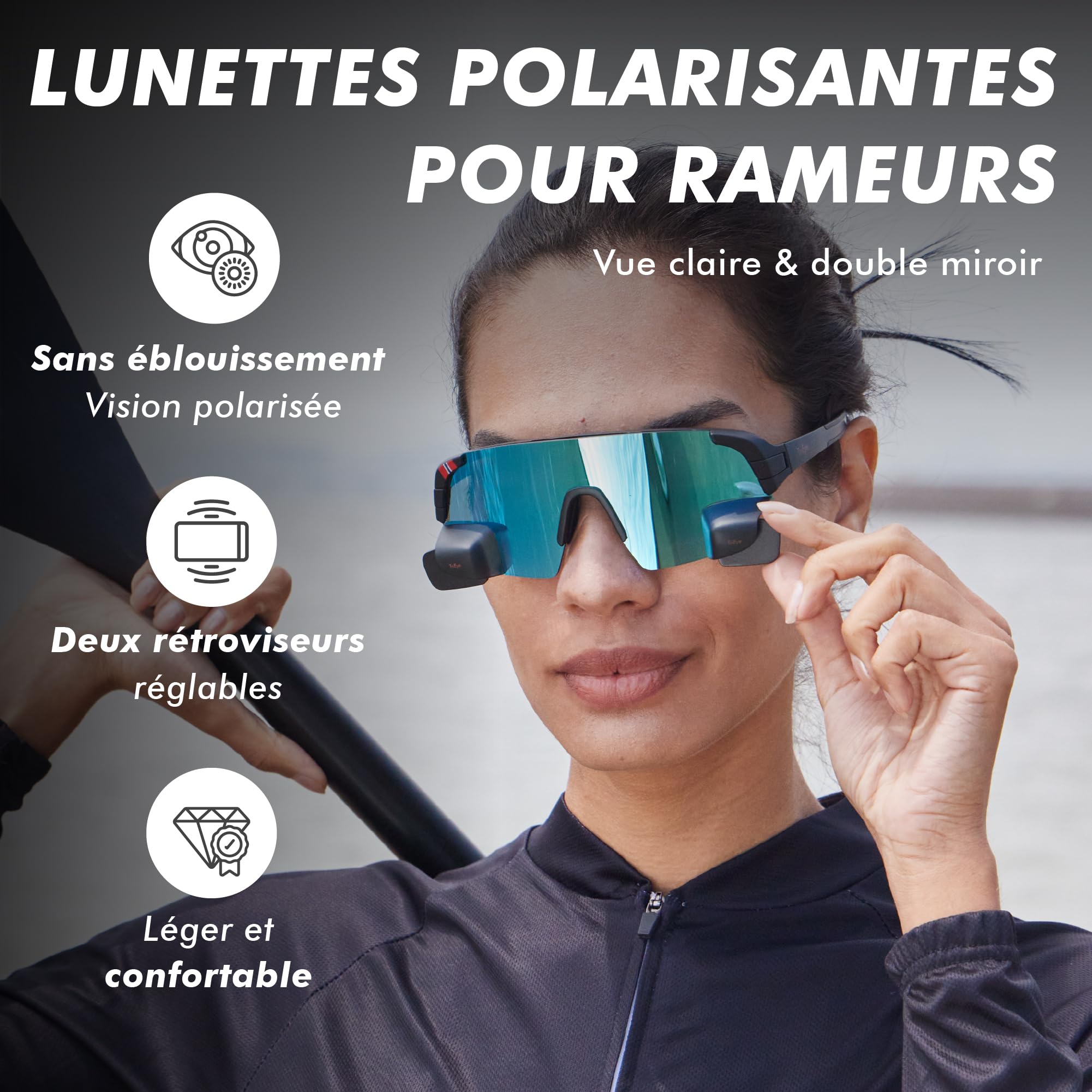 TriEye View Sport Lunettes de soleil polarisées homme femme – Lunettes de vélo avec rétroviseur intégré, monture TR90 légère, protection UV400