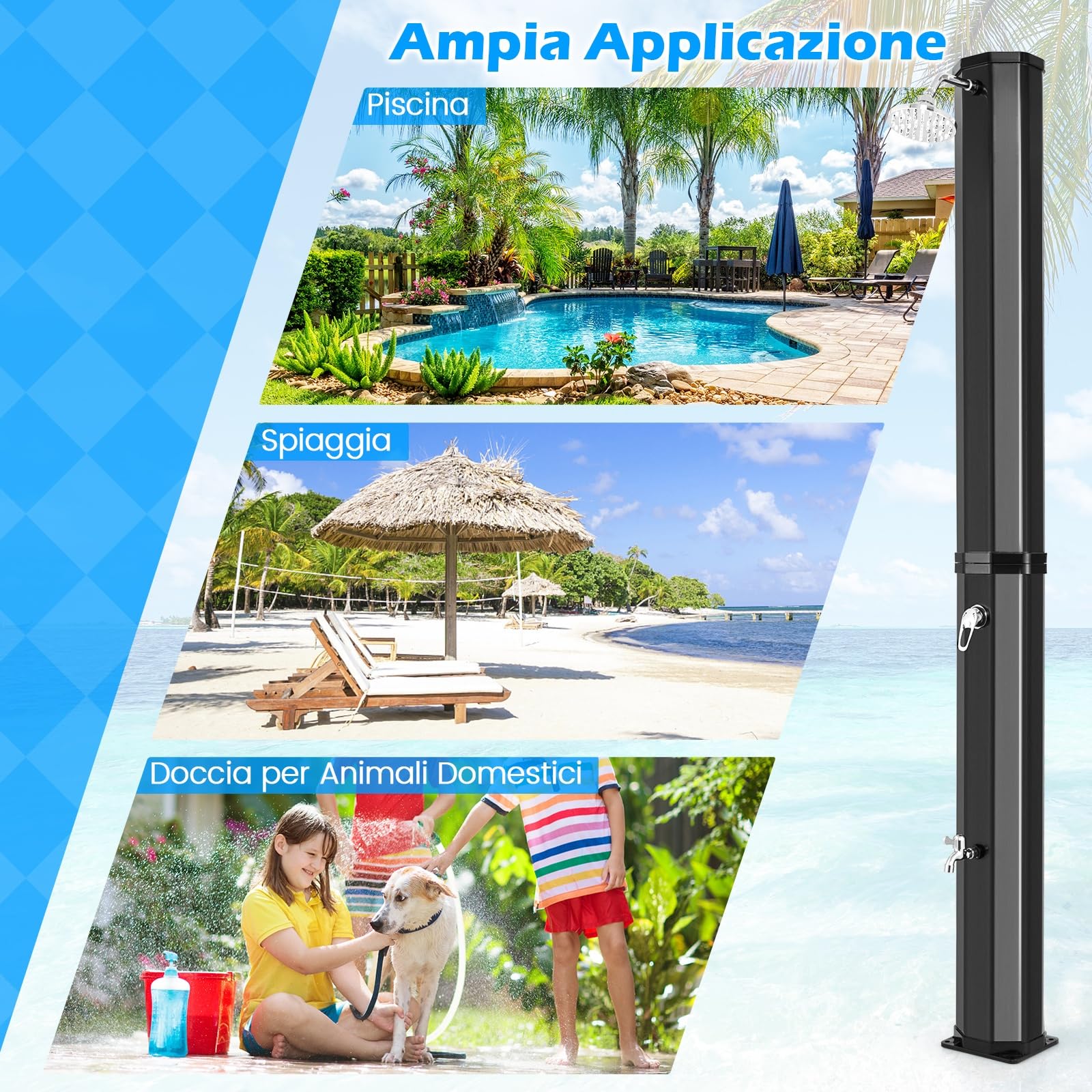 COSTWAY Doccia Solare da Esterno 60 L, Doccia da Giardino con Soffione 360°, Rubinetto per Piedi, Copertura Protettiva e Attacco per Tubo da Giardino, Fino a 60°C, per Piscina e Campeggio (Modello 1)