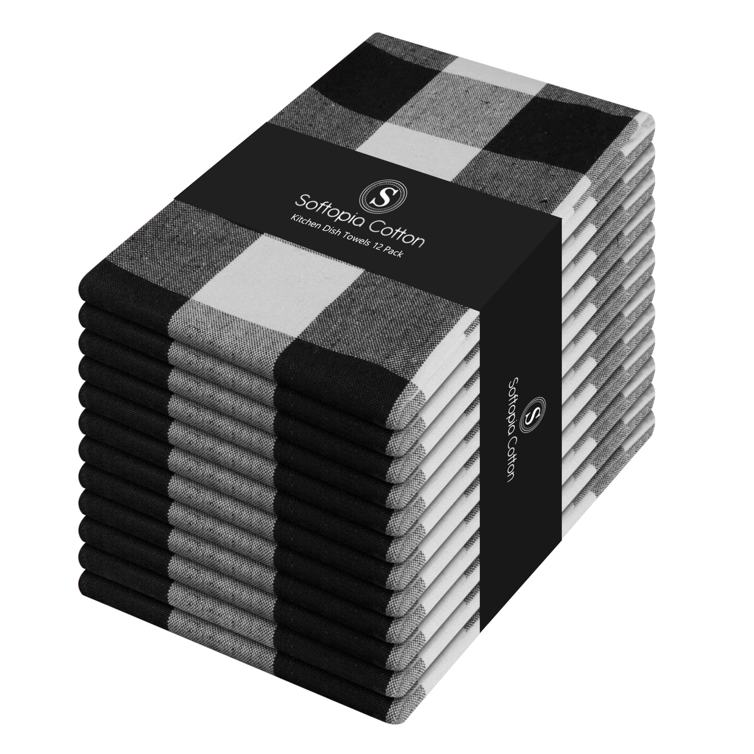 Black Buffalo Check Plaid Kitchen Towels, 12 Pack, 100% Cotton, 16x26 Inches, Super Absorbent, Quick Dry, Soft, Dish Drying &amp; Cleaning Towels with Hanging Loop, Black and White