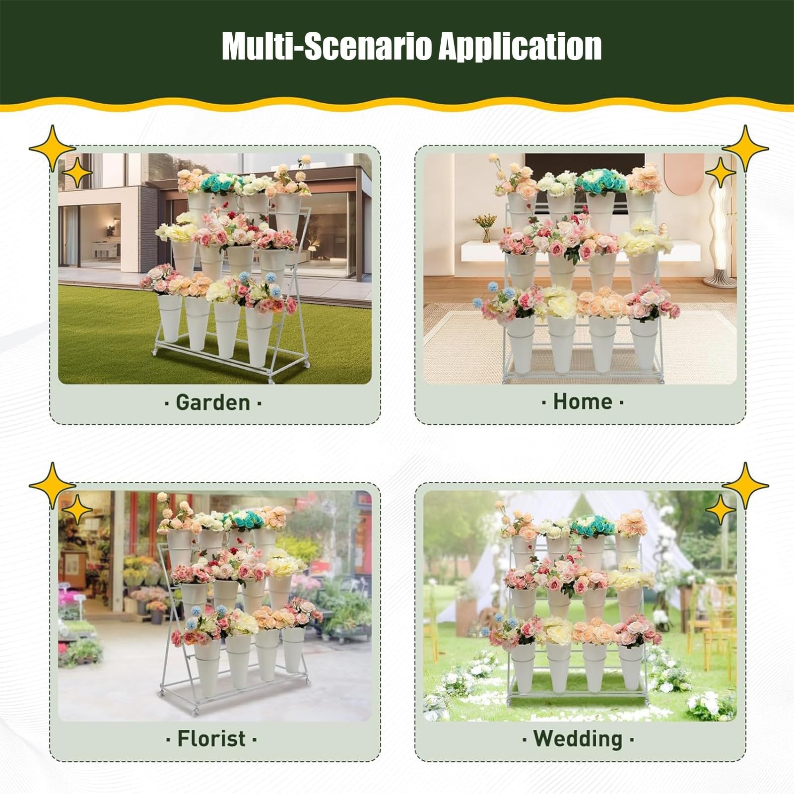 Espositore per fiori in metallo con ruote, scaffale floreale a 3 livelli per piante a 12 secchi, ideale per giardino, patio, eventi, matrimoni e vetrine di decorazioni per la casa