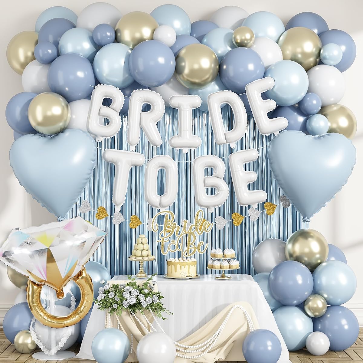 Blue Bbachelorette Party Decorations, Bride To Be Balloons for Bride Shower | Bride To Be Foil Letter Balloons, White Champagne Balloons, Light Blue Fringe Curtains, Bridal Bride Shower Engagement Hen