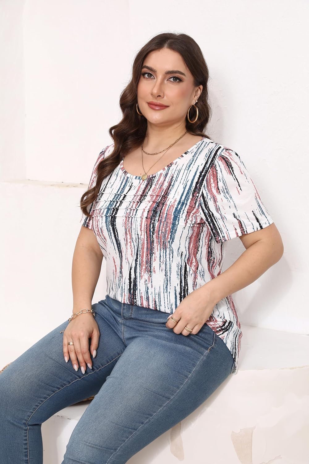 HBEYYTO Womens Plus Size Summer Tops Short Sleeve Pleated T Shirts Casual Scooped Neck Flowy Loose Floral Blouses 1X-5X - Image 9