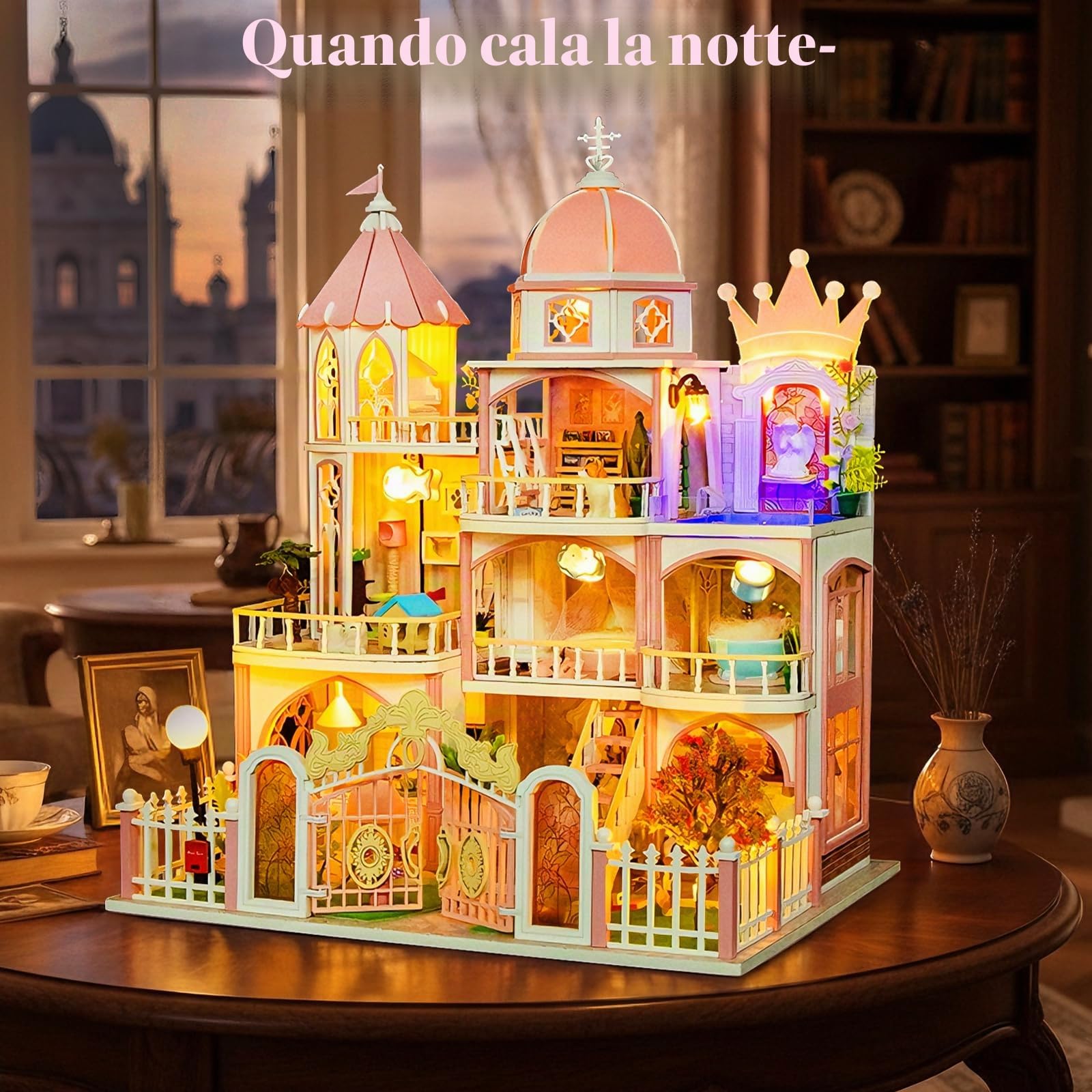 Cuteefun Casa delle Bambole con luce LED, Artigianato in Legno Unico, Adatto per Adulti e Adolescenti, Costruite la Casa dei Vostri Sogni, Compleanno Regali di Natale (Castillo de Princesa) | Casa delle bambole in legno per adulti, costruisci la tua casa