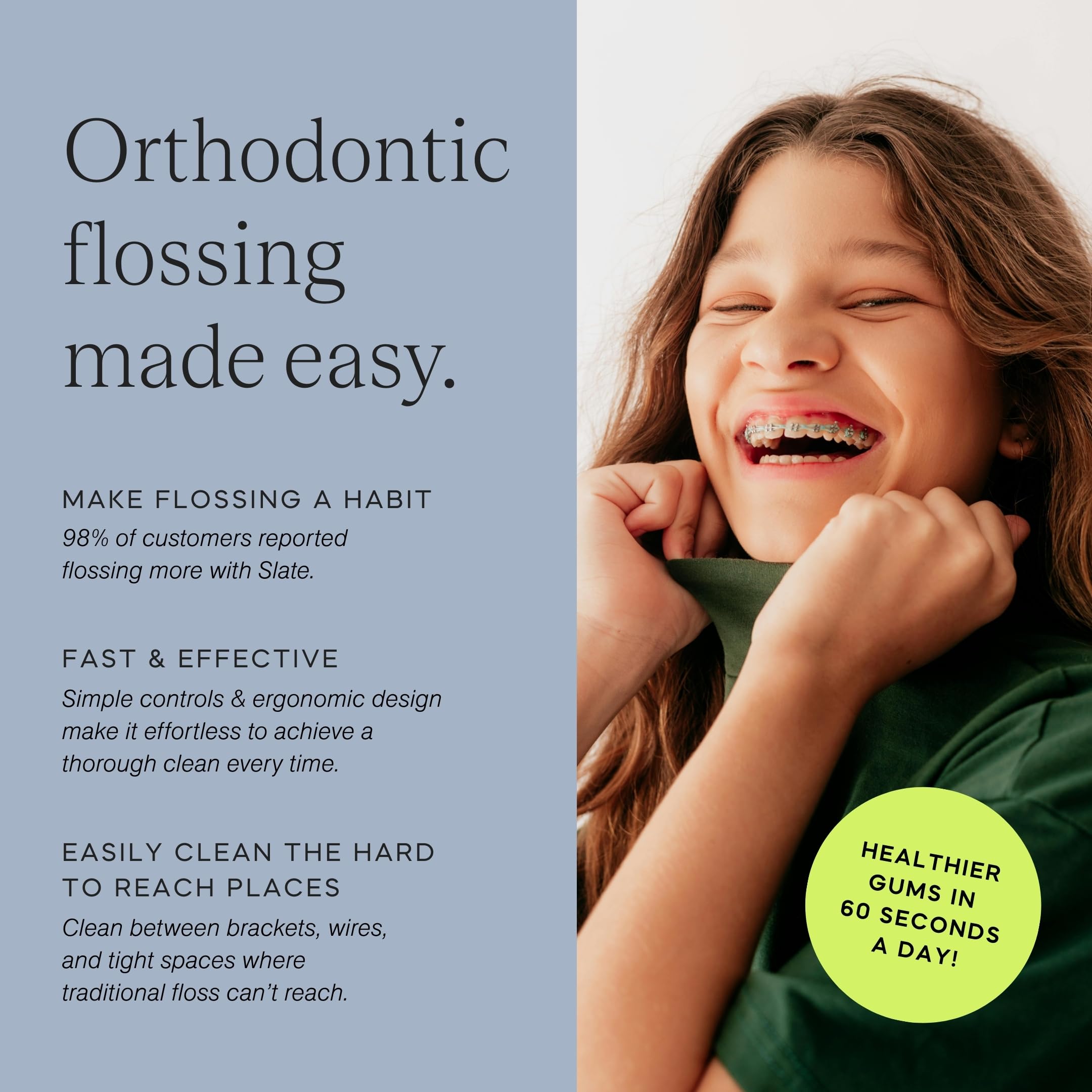 Slate Hilo dental eléctrico, hilo dental de ortodoncia, hilo dental para aparatos ortopédicos, cuidado de aparatos ortopédicos, incluye estimulador de encías, raspador de lengua, herramienta de hilo