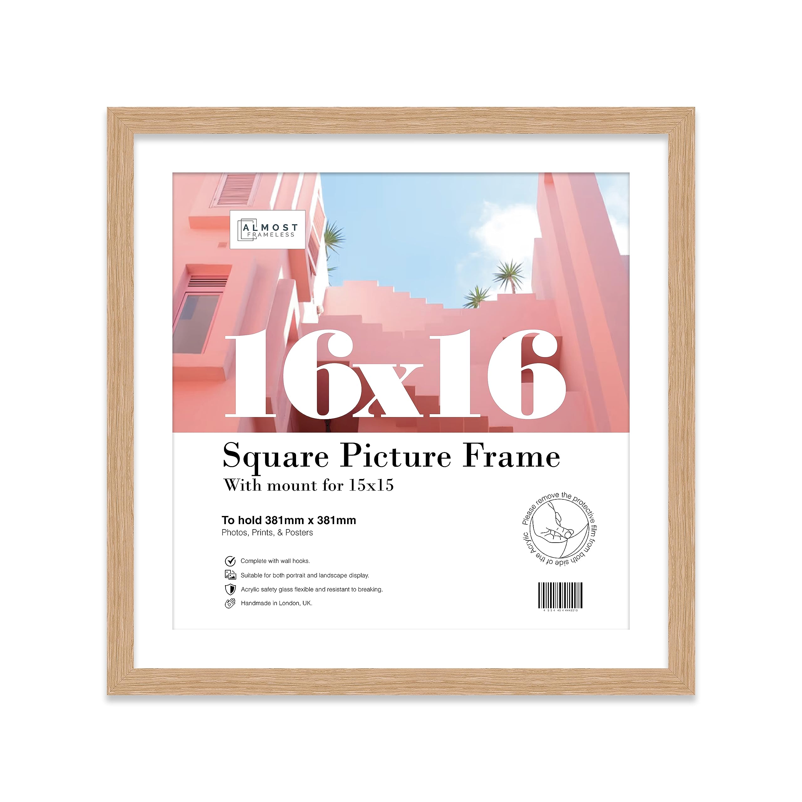 Almost Frameless 16x16 Picture Frame, Display Pictures 15x15 With Mat or 16x16 Without Mat, Wall Hanging Photo Frame, Oak, 1 Pack