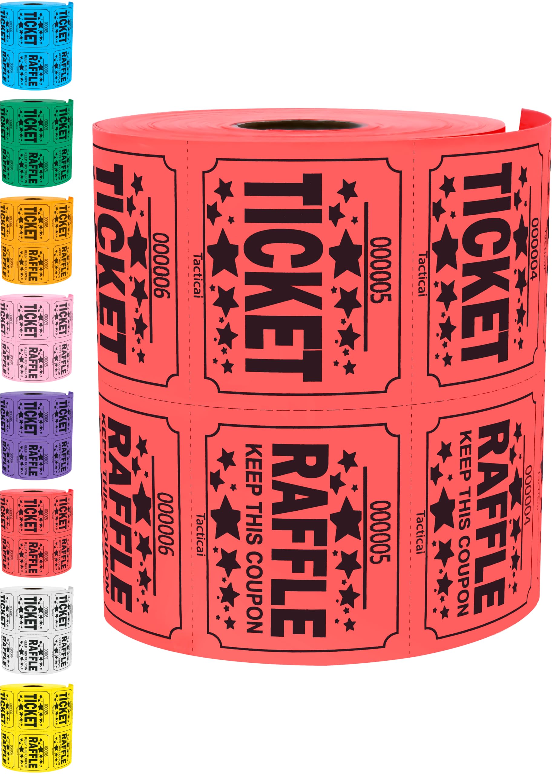 Tacticai 500 boletos de rifa, rojo (selección de 8 colores), rollo doble, boleto grande para eventos, entrada, recompensa de clase, recaudación de fondos y premios