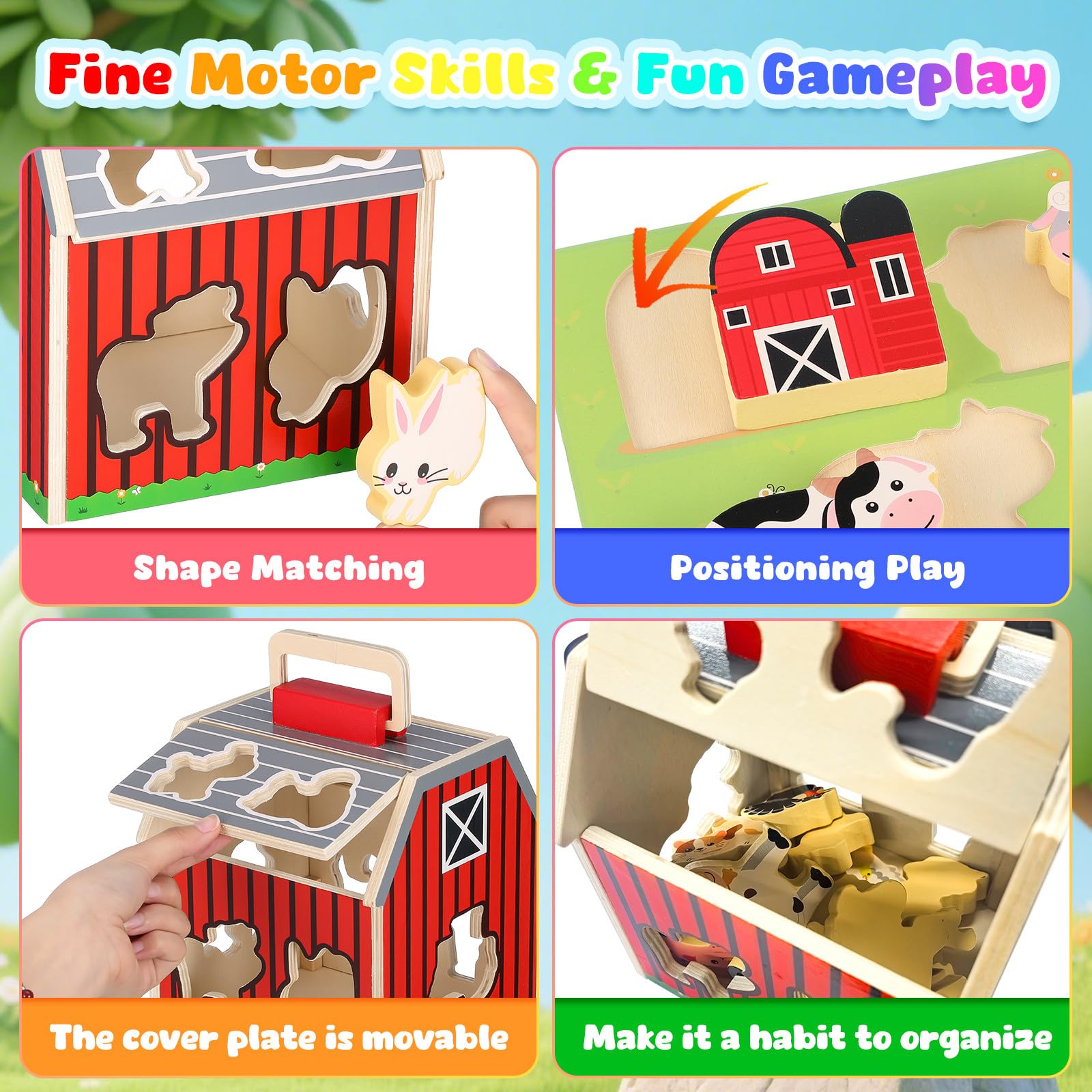 TOYANDONA 1 Set di Giocattoli di Animali da Fattoria con Fienile: Figure di Animali da Fattoria Montessori in Legno con Forma di Fienile, Giocattolo Educativo Portatile per Bambini Dai 3 Anni in su