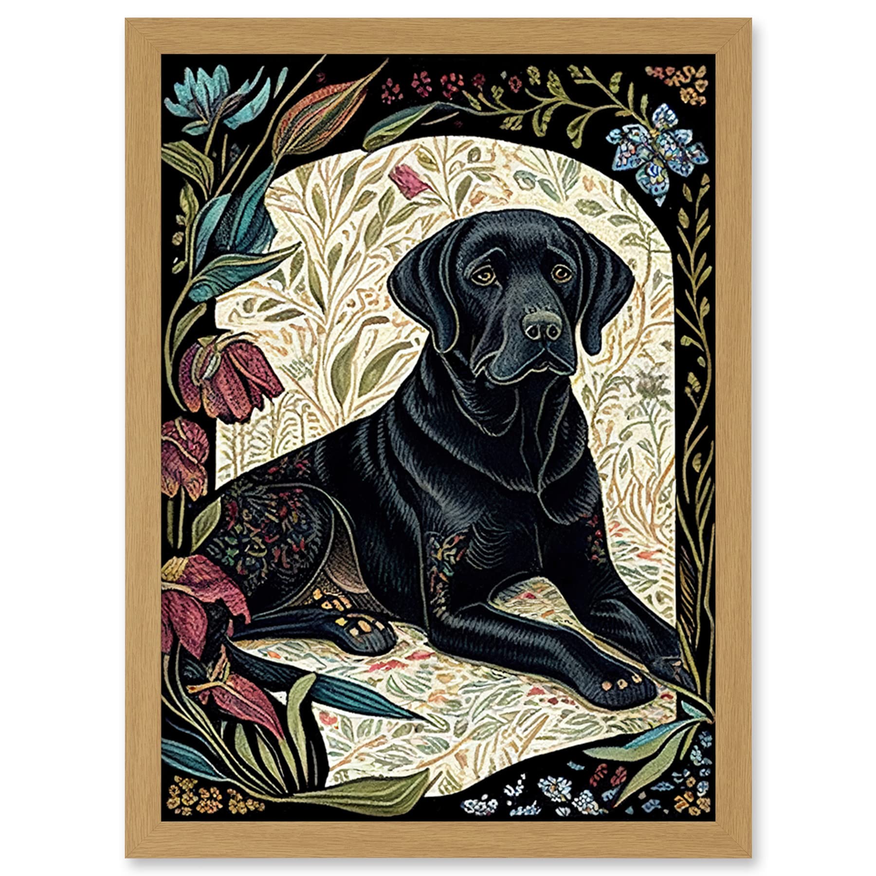 Artery8 Black Labrador Dog with Floral Patterns Vintage Inspired Linocut Illustration Artwork Framed Wall Art Print A4