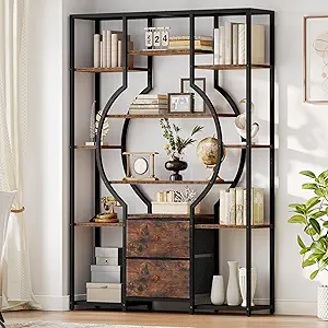 DWVO 6-Tier Bookshelf, Etagere Bookcase w/2 Drawers & 12 Open Shelf, Wood and Metal Book Shelf Storage Organizer, Industrial Display Shelf Unit for Study Living Room Bedroom Home Office, Rustic Brown