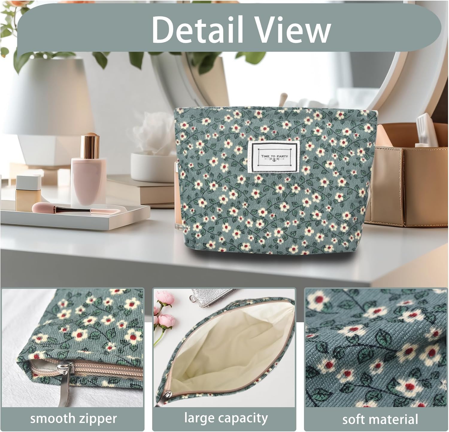 Make Up Bag Cosmetic Bags for Travel Women Corduroy Organizer Pouch Toiletry Bags with Zipper Large Capacity 15 mint - Image 4