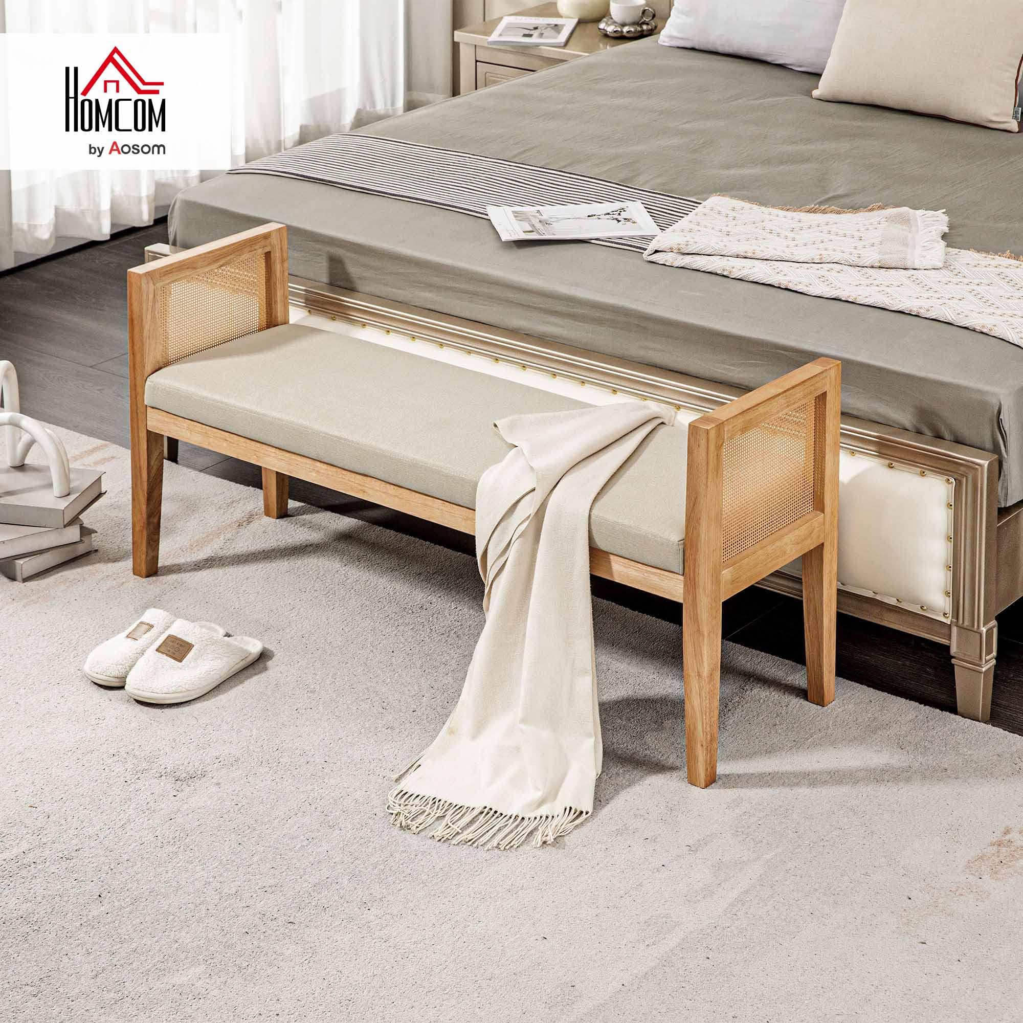 HOMCOM Banc Bout de lit, Banc d'entrée, accoudoirs en rotin et Cadre en Bois Massif, Assise rembourrée en Tissu Aspect Lin, Bout de lit pour Chambre, Salon, Design Moderne, crème