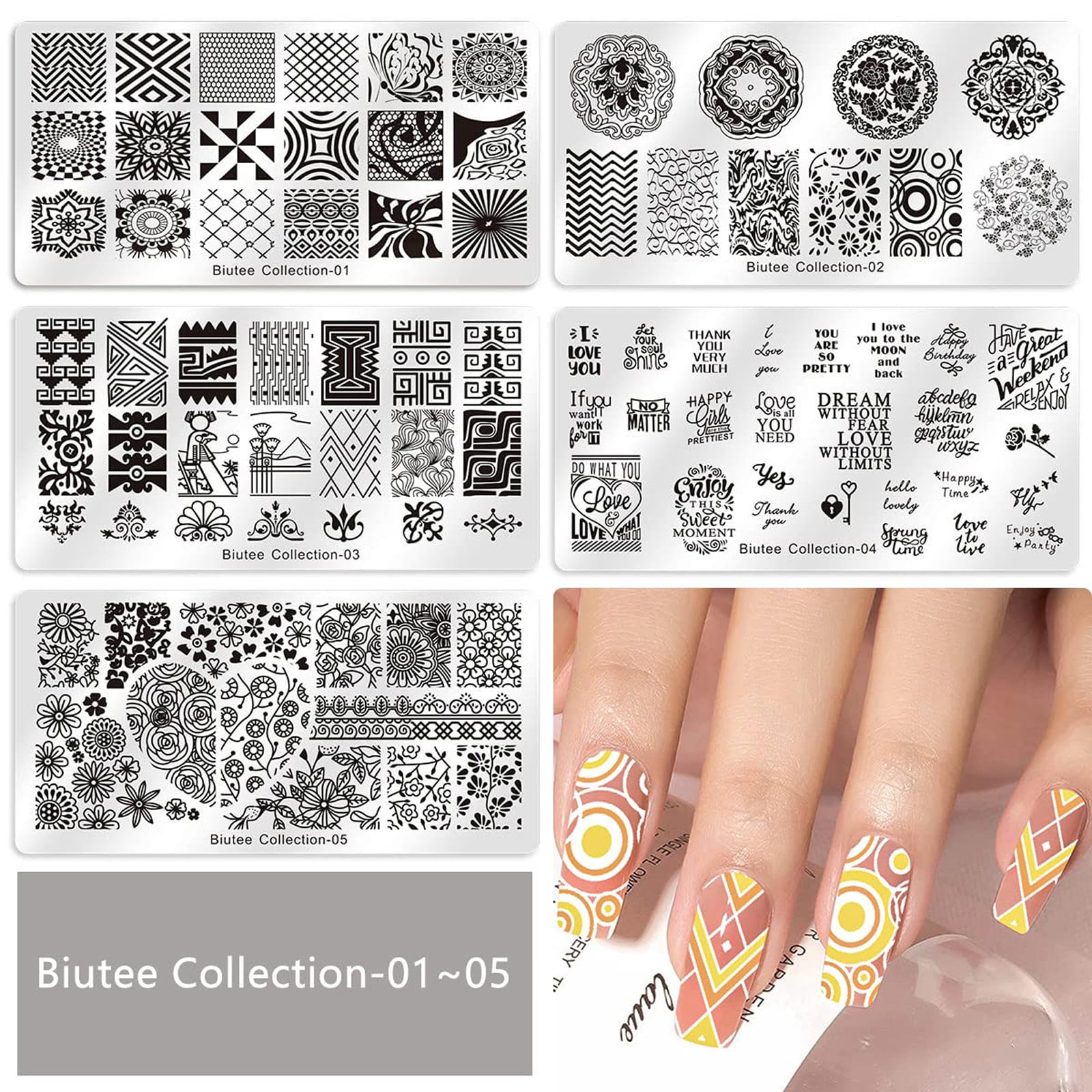 Biutee Set de Stamping Nail Art Kit d'estampage d'ongles 15 pièces modèles d'art d'ongle avec motifs d'animaux, de feuilles et de fleurs 1 Tampon 2 Grattoir 1 Paquet de Cartes