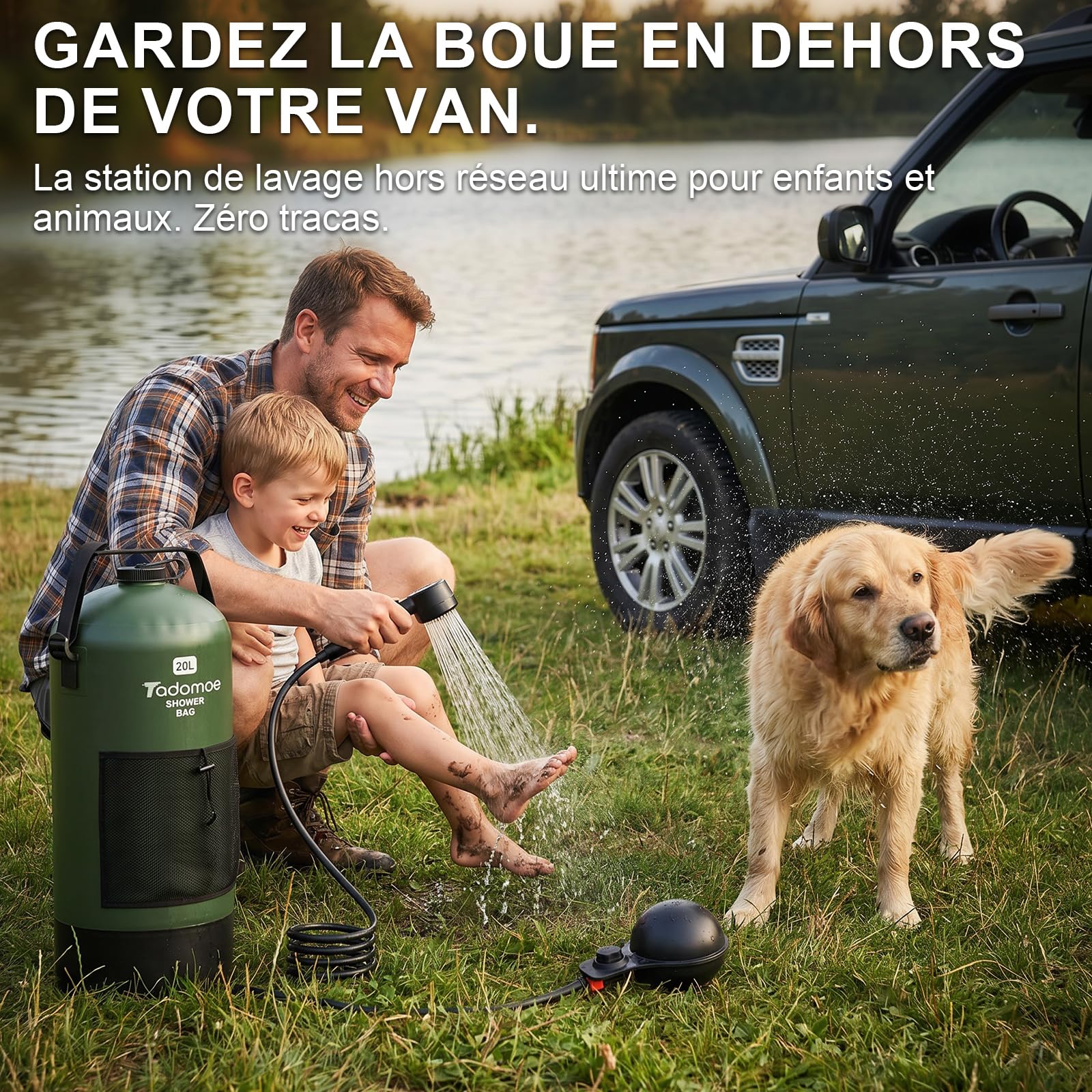 20l Douche Solaire Camping avec Pompe à air à Pied, Douche Portable avec Sac et buse pour extérieur Camping, Randonnée et Plage
