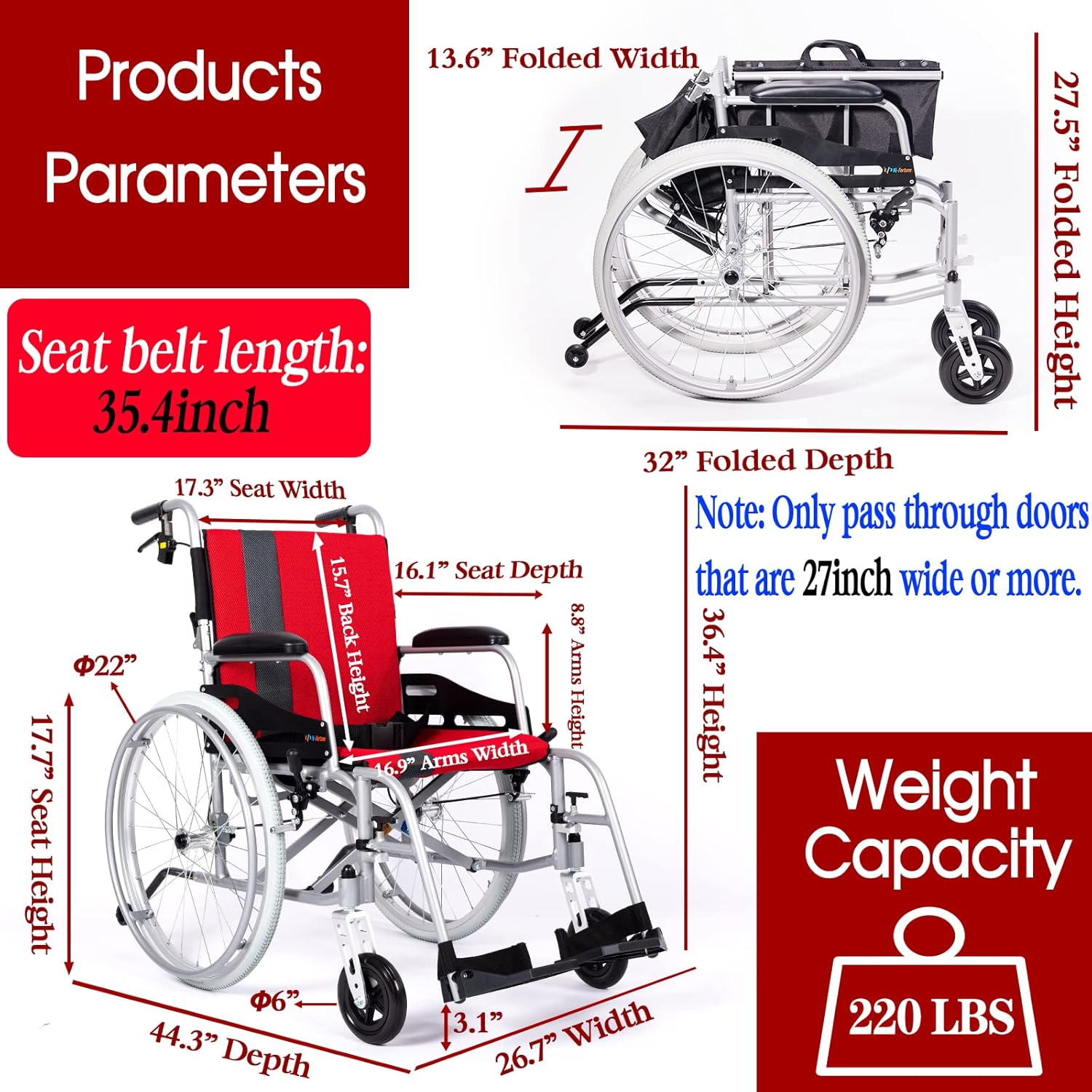 Hi-Fortune Magnesium Lightweight Foldable Wheelchair 21lbs Self-propelled Chair with Travel Bag and Cushion, Portable & Folding, Anti-Tipper Swing-Away Footrests, 17.5” Seat, Weight Capacity 220 lbs : Health & Household