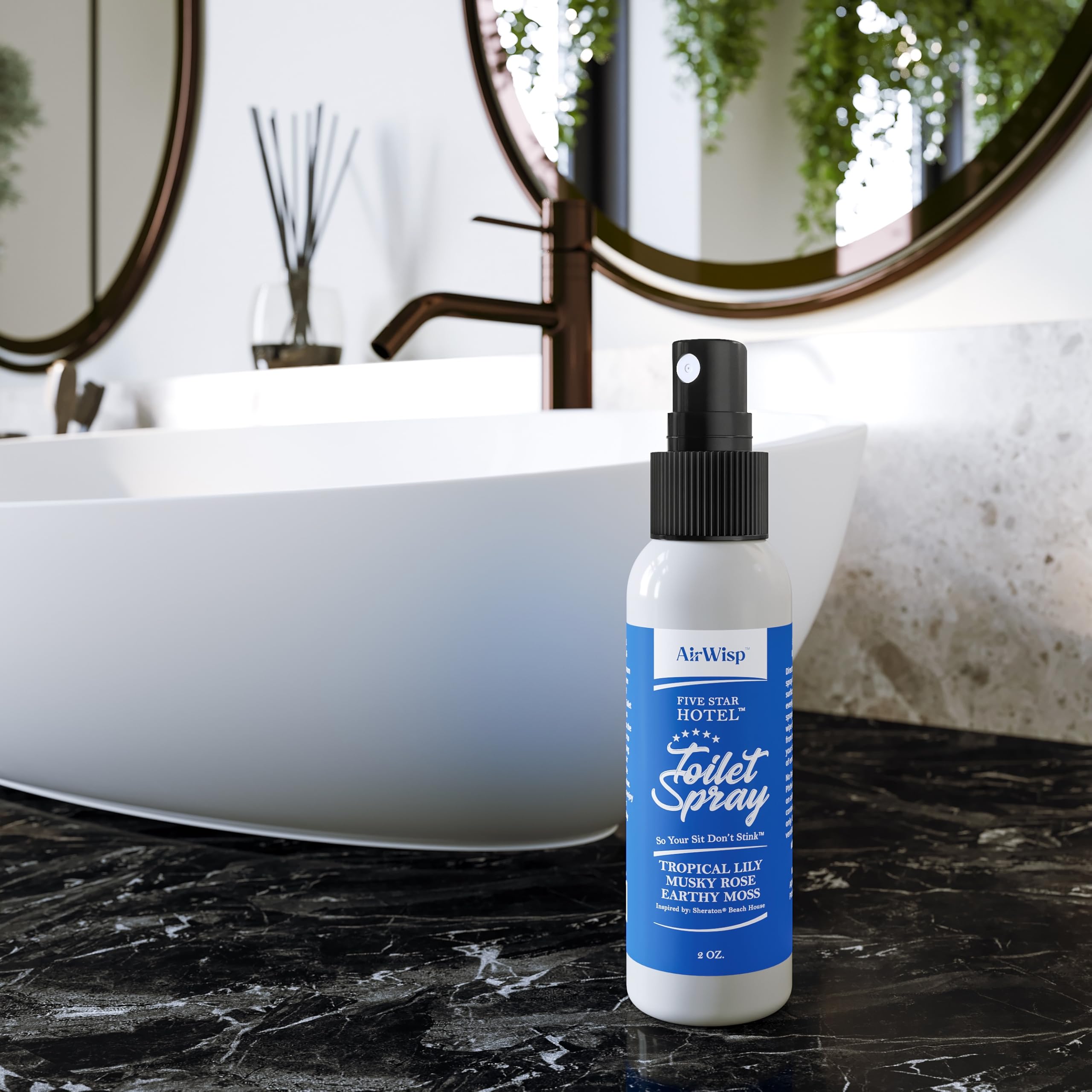 AirWisp Toilet Spray - Inspired by Sheraton's Beach House Scent - Pre Poop Spray Odor Eliminator - Tropical Lily, Rose and Earthy Moss - 2 oz. Bottle - Up To 100 Uses Per Bottle - Made in the USA