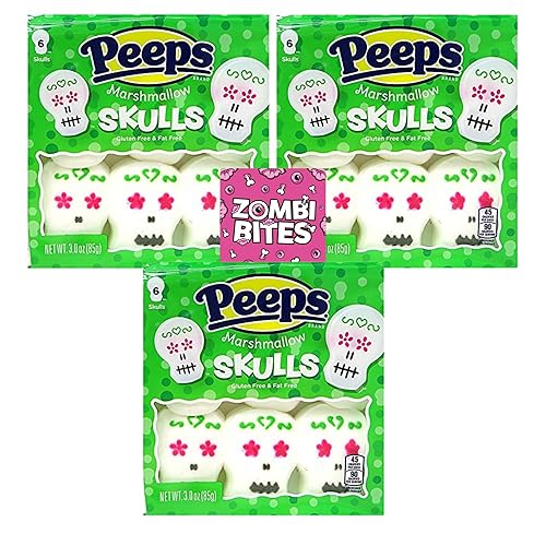 Paquete de malvavisco de calavera de caramelo. Incluye cuatro paquetes de 3 onzas de dulces de malvavisco de calavera de Halloween Peeps más un imán