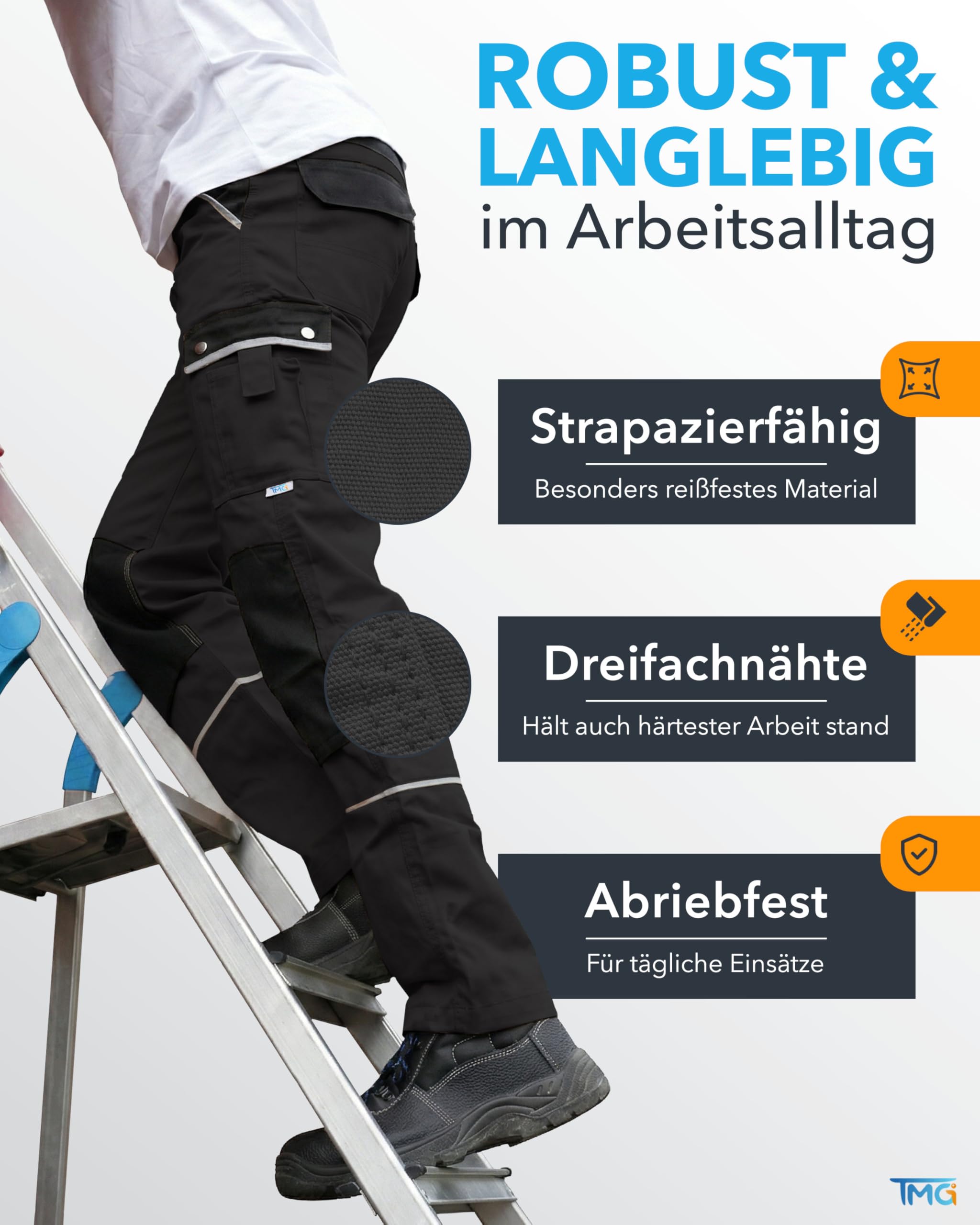 TMG® Pantalones de Trabajo para Hombres | Negro | XS-7XL | Pantalones de Trabajo Resistentes y Elásticos | con Multibolsillos y Reflectores | Artesanos, Electricistas, Mecánicos 52